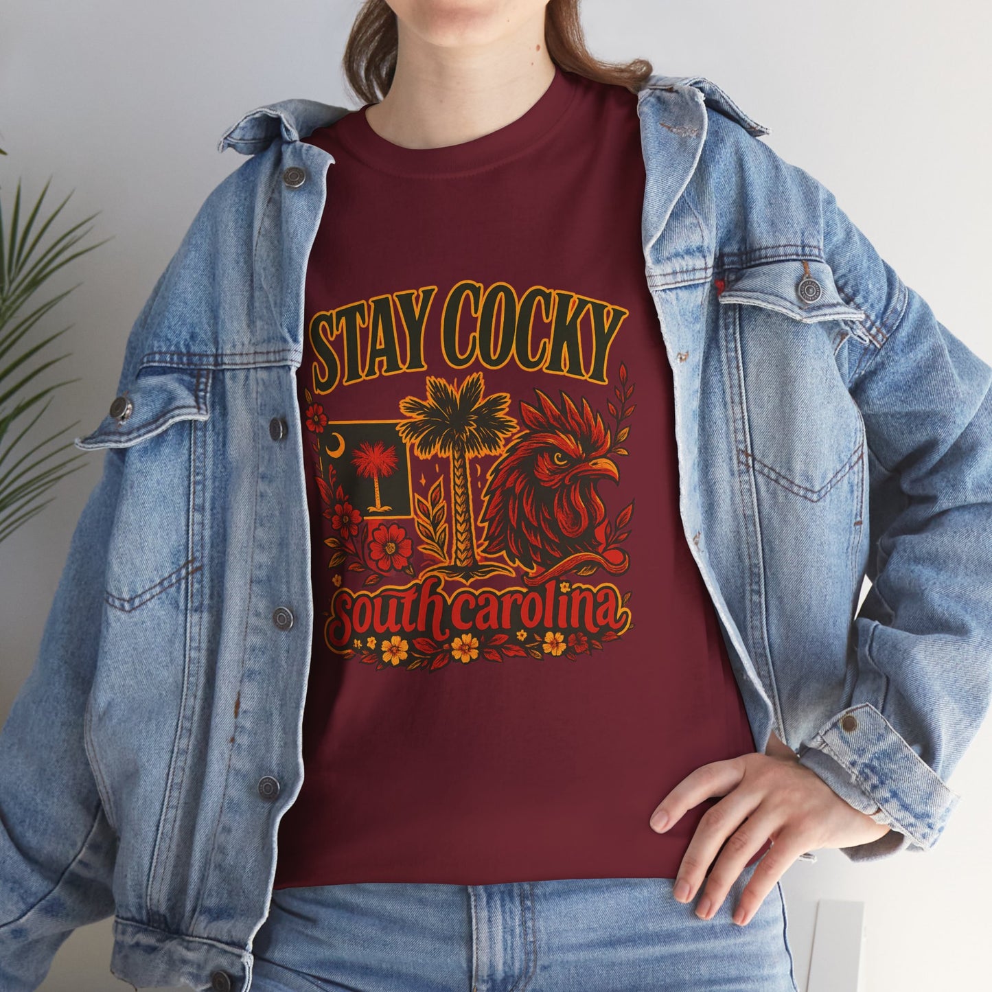 Stay Cocky Unisex Heavy Cotton Tee, Casual Graphic Tee, South Carolina Pride Shirt, Fun Vacation Wear, Perfect Gift for Gamecocks Fans
