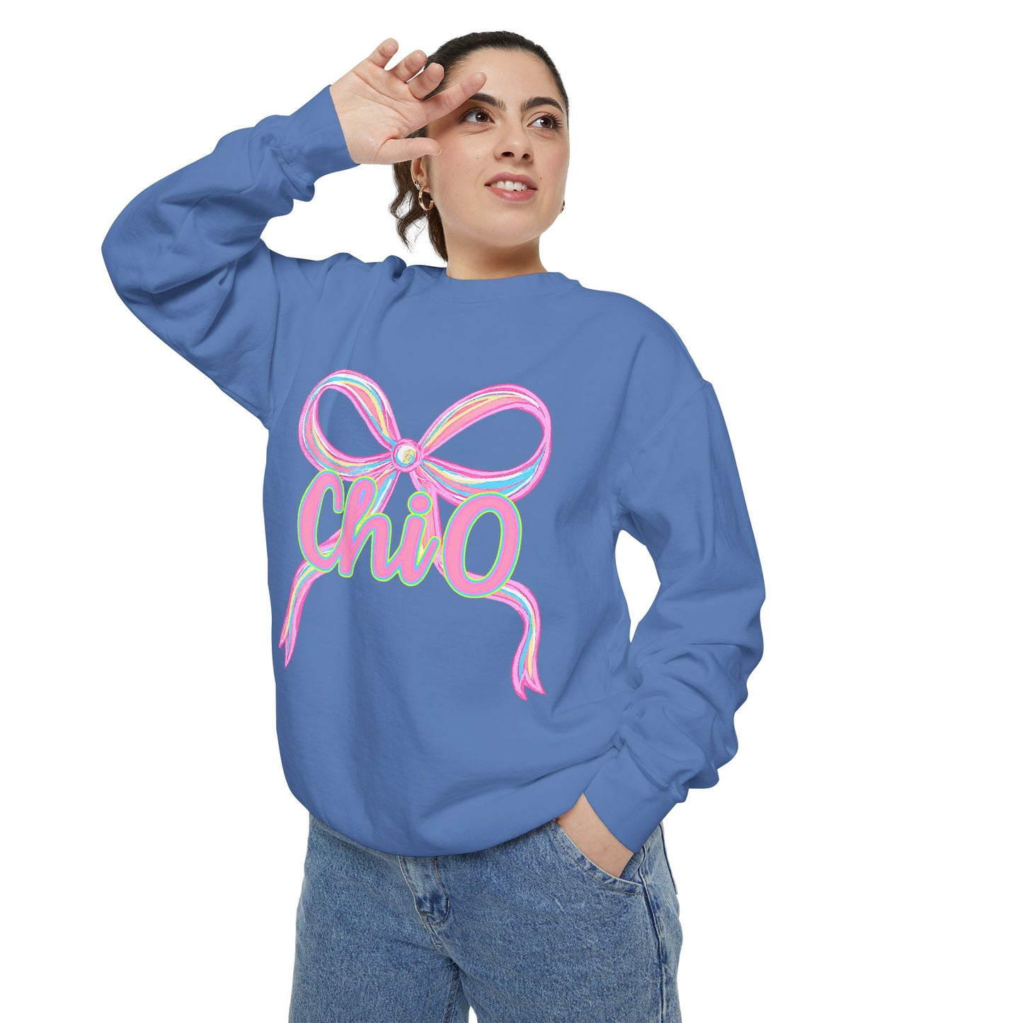 CHIO Chic Bow Graphic Unisex Garment-Dyed Sweatshirt, Cozy Pullover, Fashionable Gift, Casual Outfit, Spring Style, Trendy Apparel