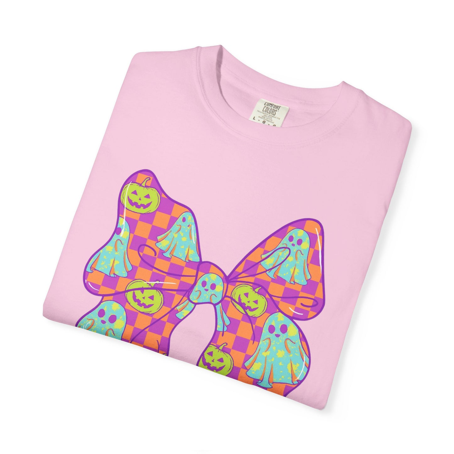 Neon Checkered Ghost Bow T-Shirt - Fun Lovers Halloween Unisex Tee