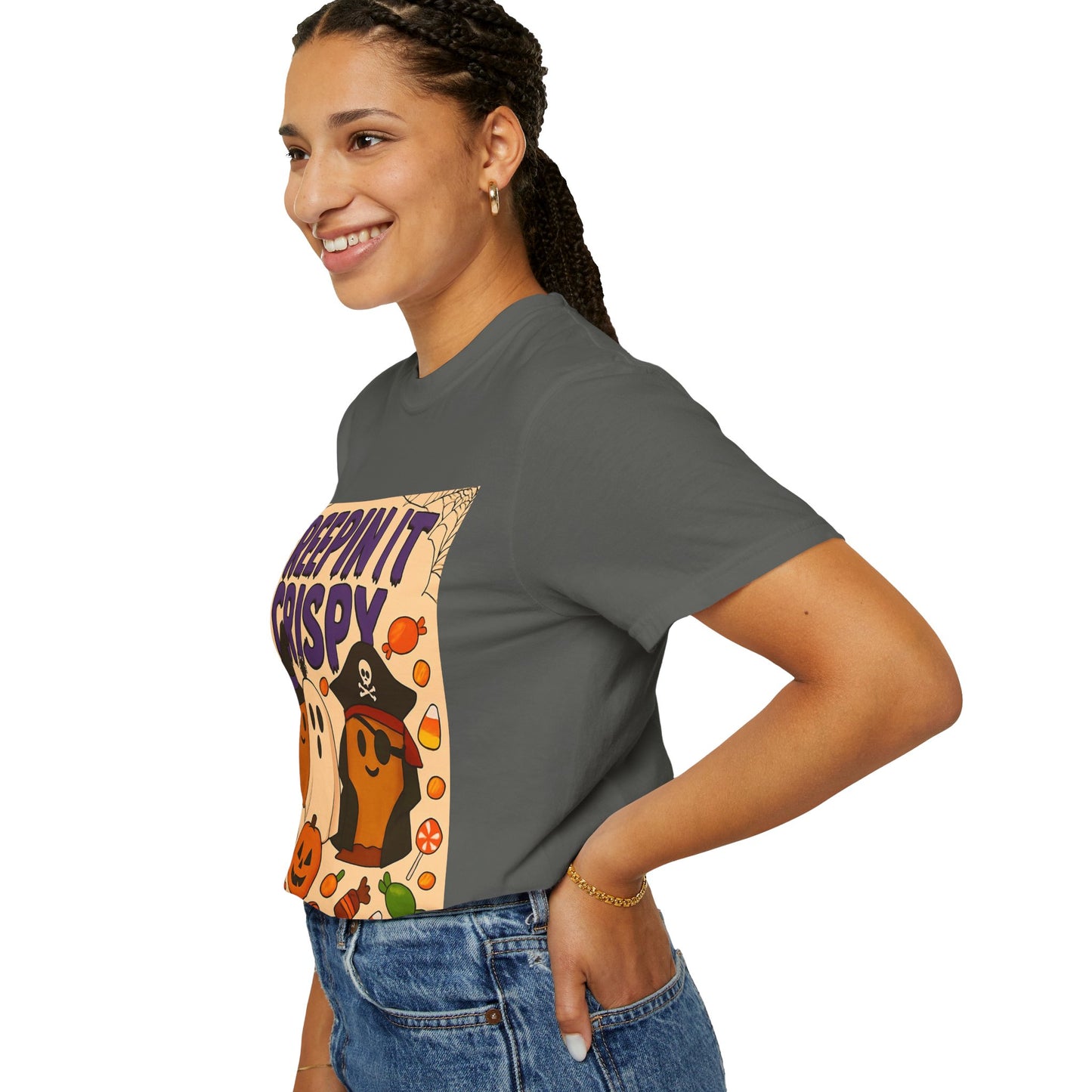 Halloween Themed T-Shirt, Creepin It Crispy T-Shirt, Unisex Shirt for Fall, Cute Halloween Tee, Festive Ghost & Candy Design