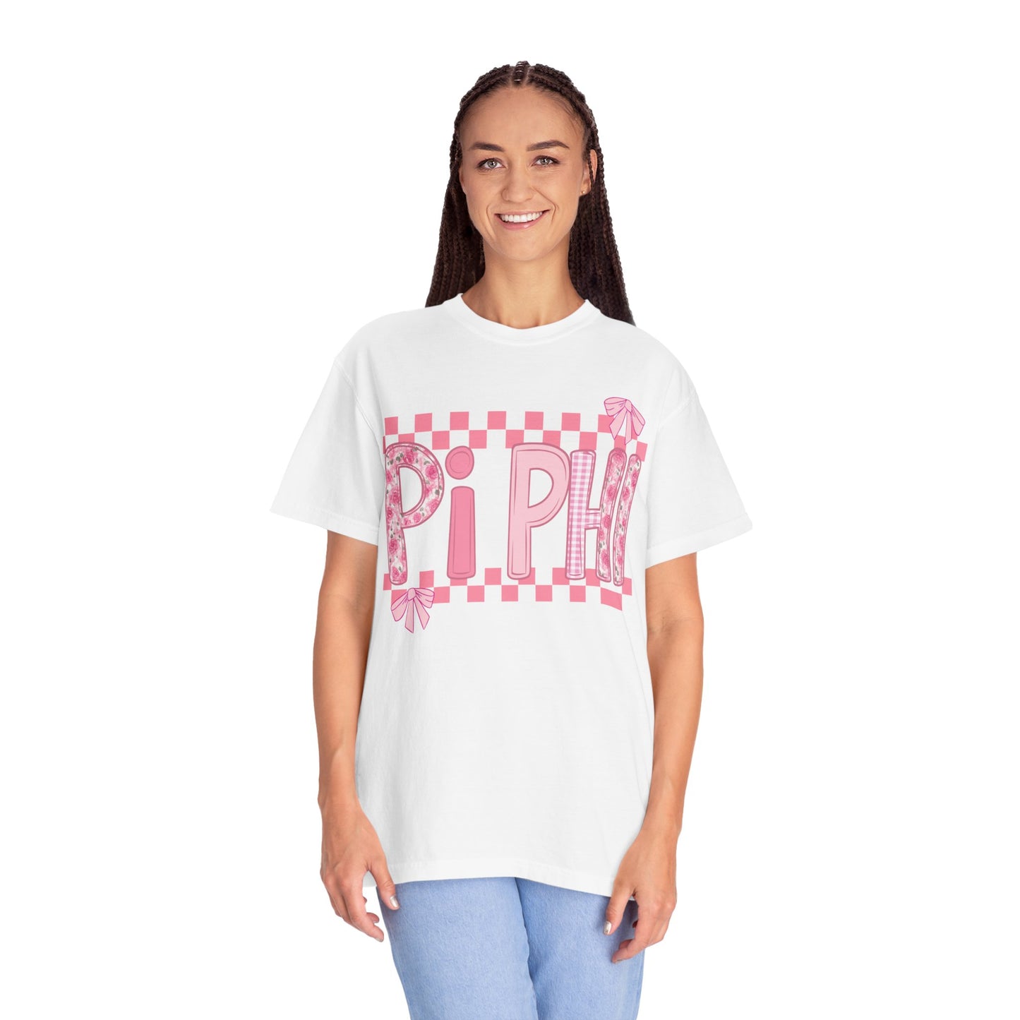 Cute Garment-Dyed T-Shirt for Sorority Sisters, Pi -Checked Style, Perfect for Casual Outings, Sorority Events, Gifts