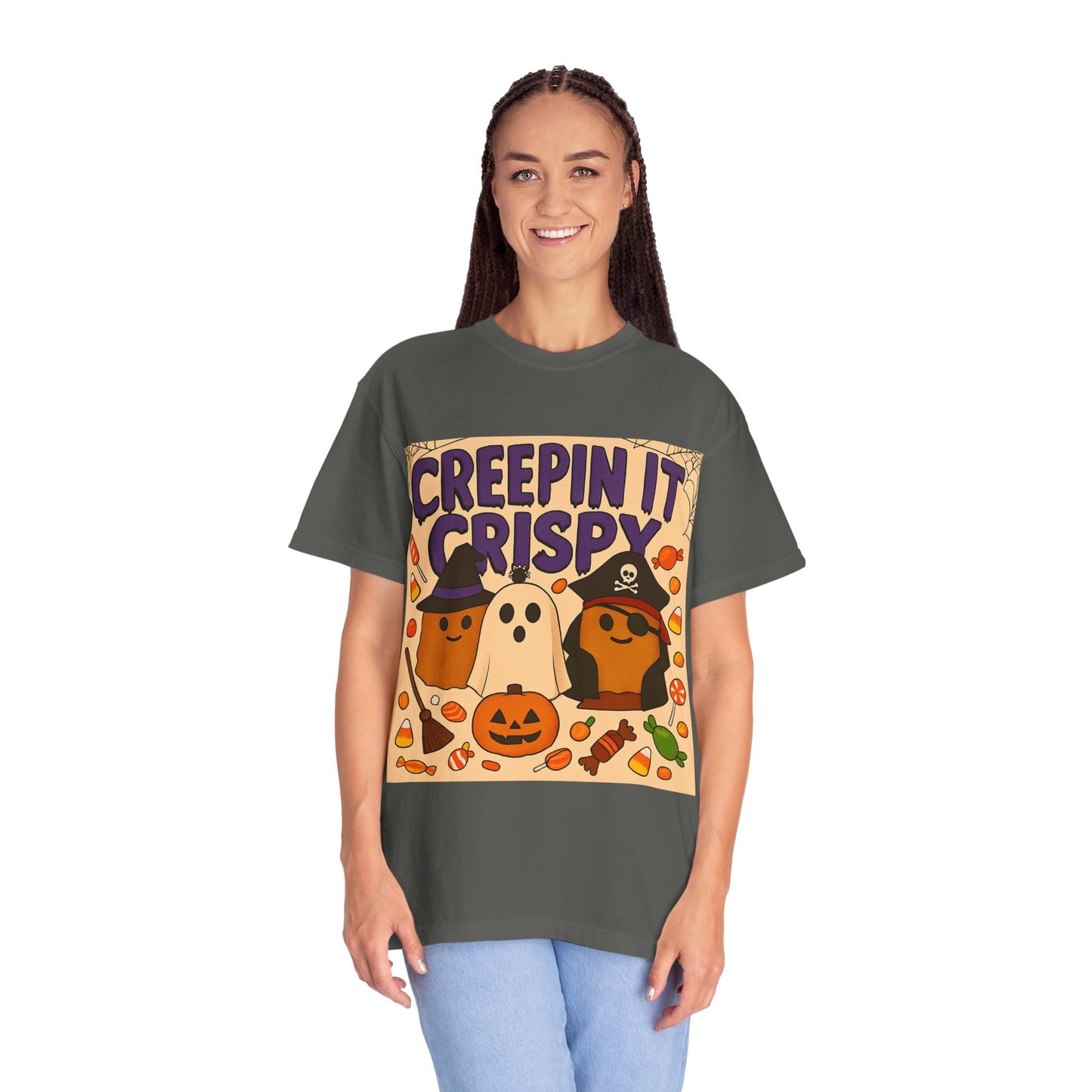 Halloween Themed T-Shirt, Creepin It Crispy T-Shirt, Unisex Shirt for Fall, Cute Halloween Tee, Festive Ghost & Candy Design