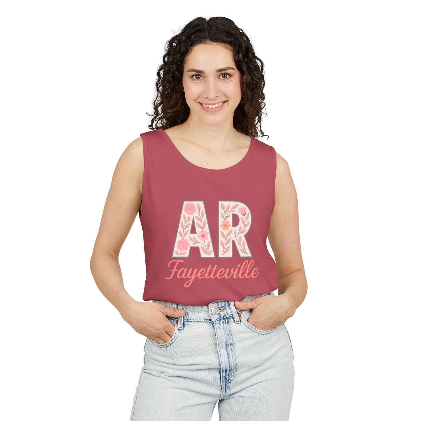 Fayetteville Floral Tank Top, Casual Summer Top, Gift for Her, Travel Apparel, Arkansas Style, Arkansas Student Gift, Graduation Gift, Comfort Colors