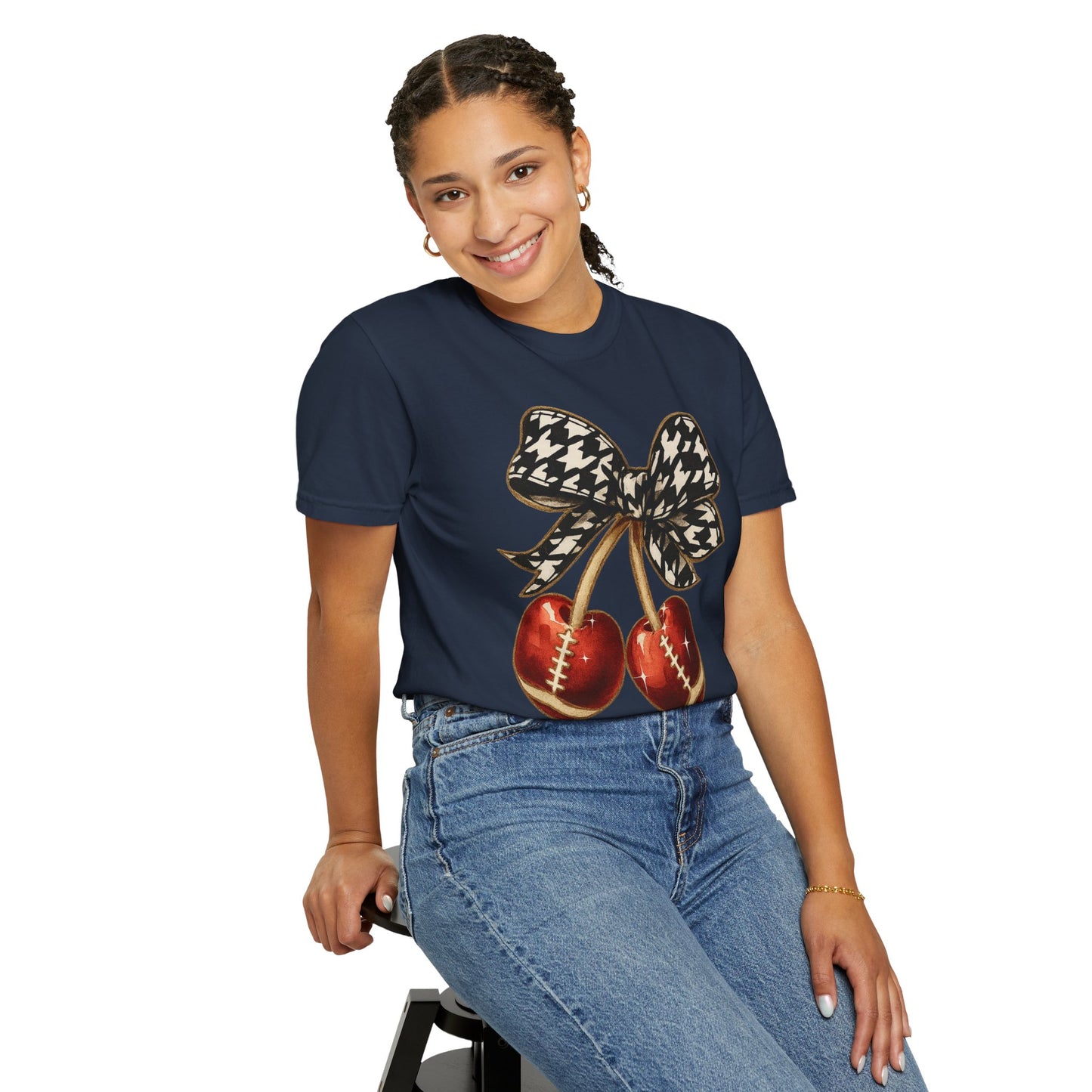 Houndstooth Bow Unisex Tee for Sports Lovers | Garment-Dyed T-shirt