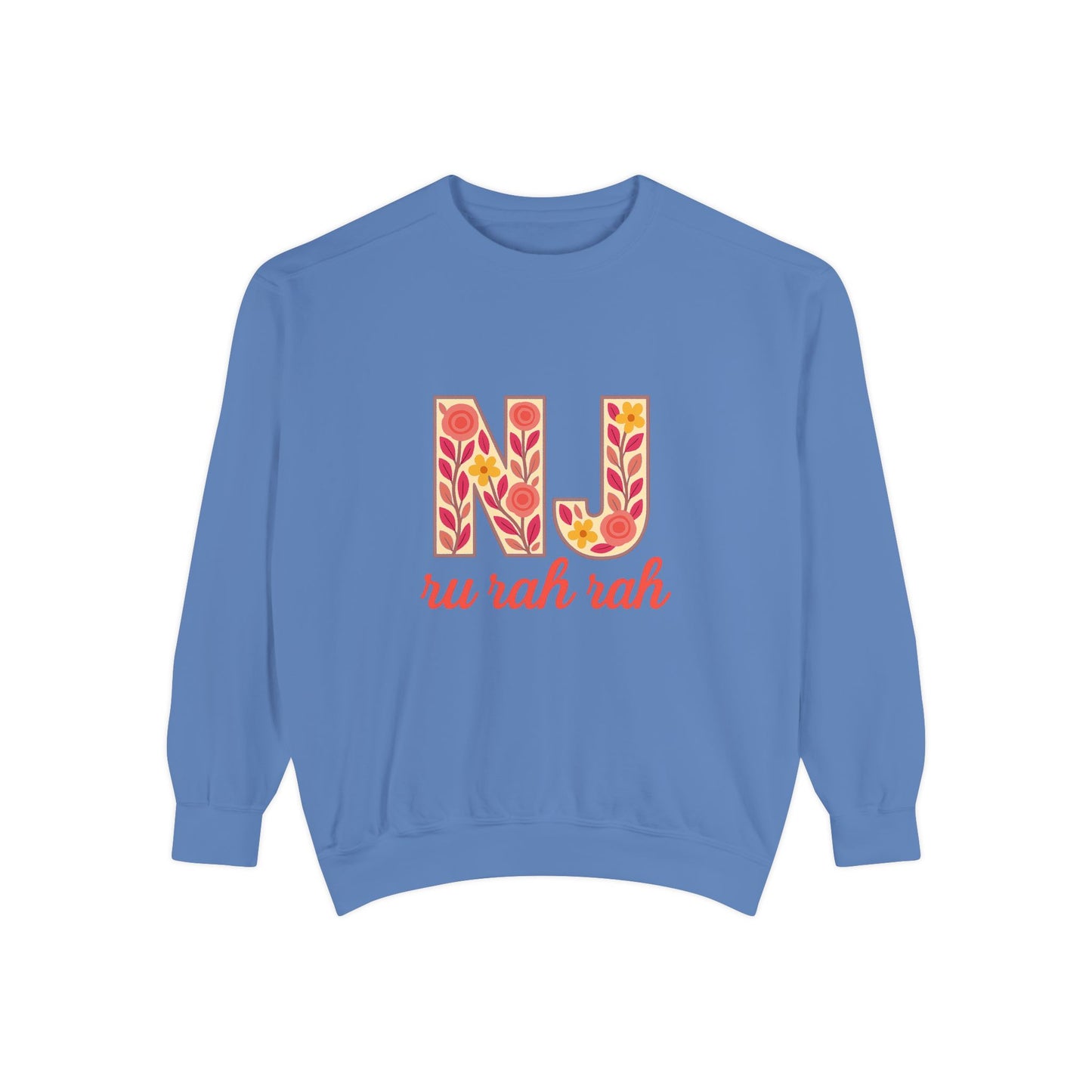 Cheerful NJ Garment-Dyed Sweatshirt, Cozy Unisex Pullover for School Spirit, Fall Fashion, Gift for College Students, Relaxed Fit