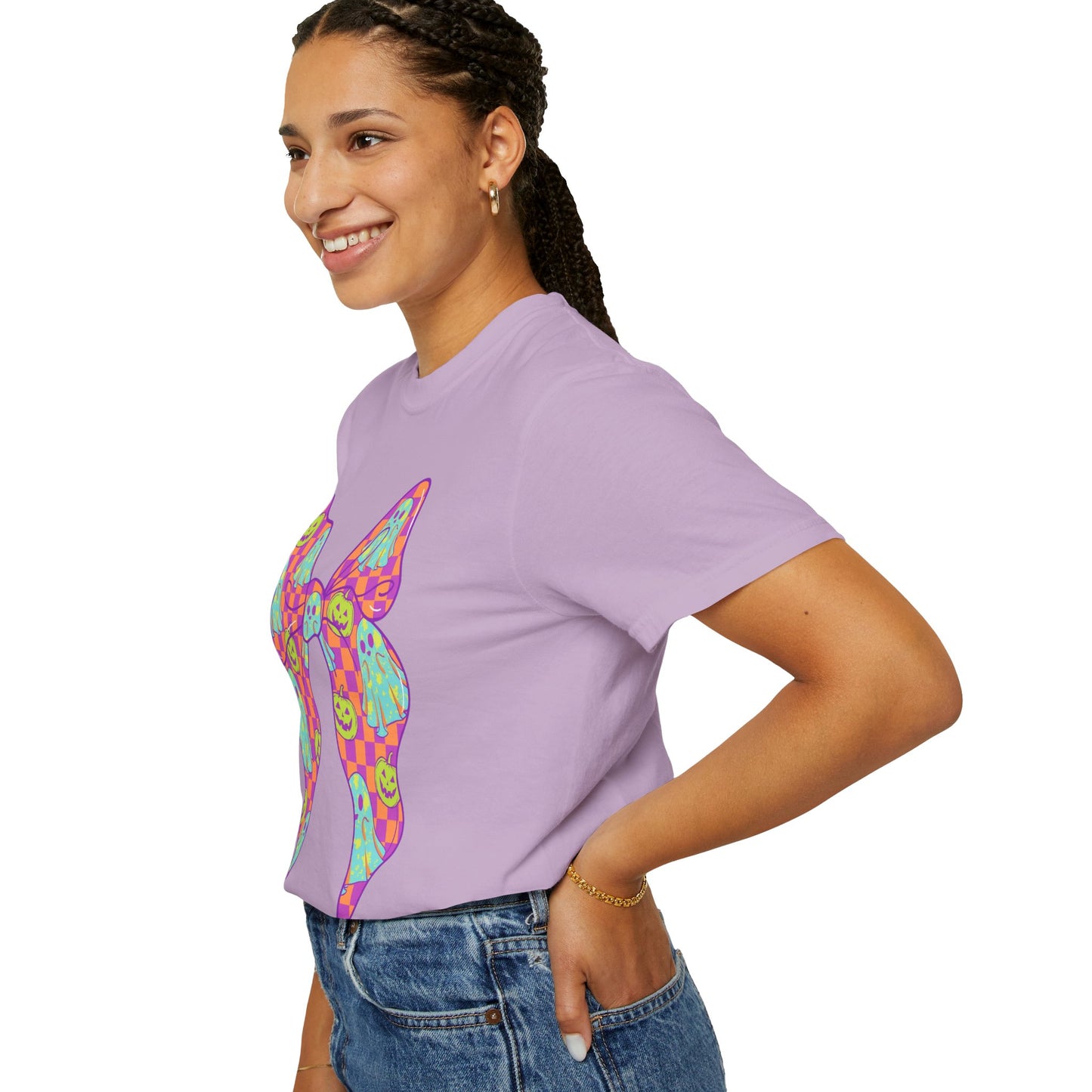 Neon Checkered Ghost Bow T-Shirt - Fun Lovers Halloween Unisex Tee