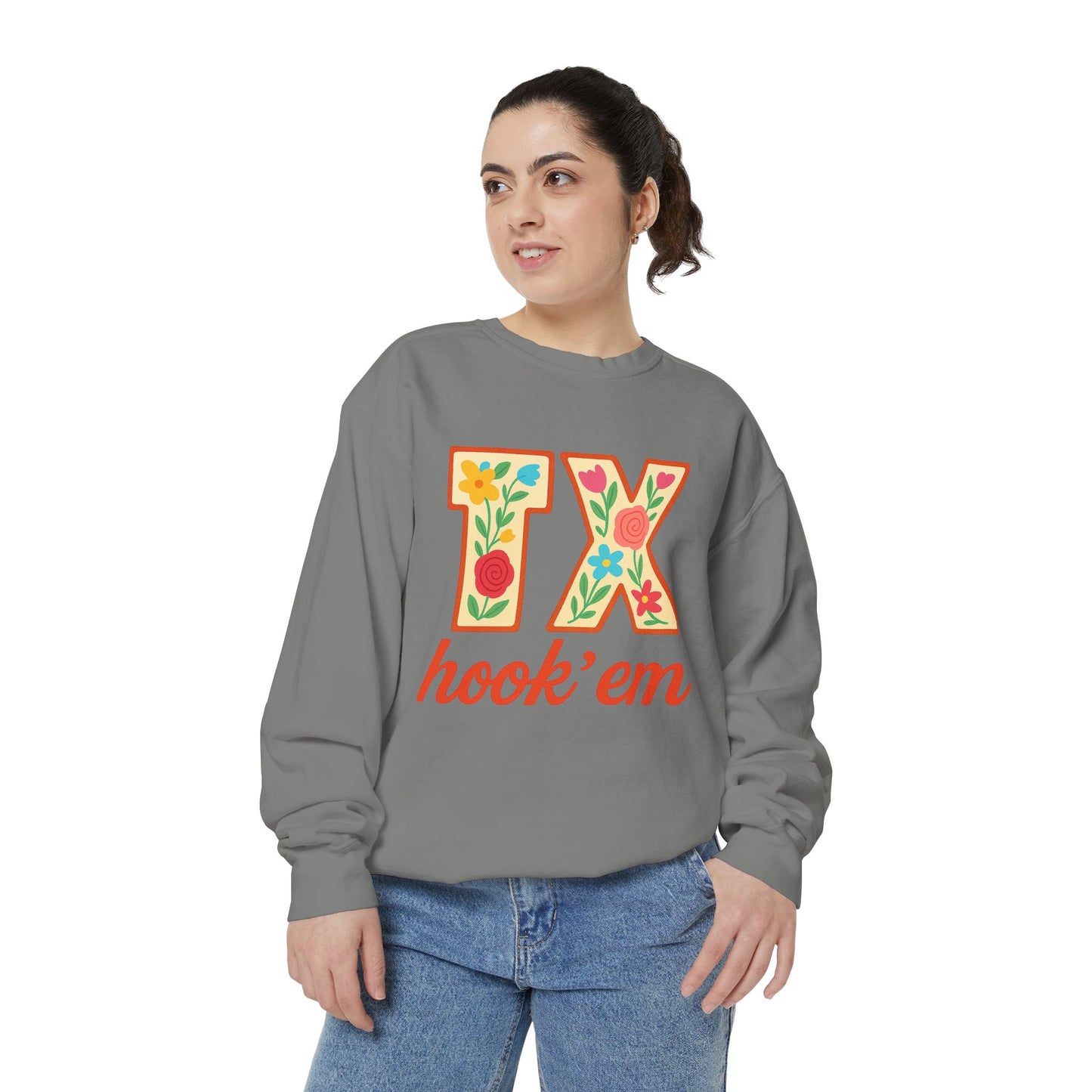Texas Floral Sweatshirt, Unisex Garment-Dyed Sweatshirt, Cozy Casual Wear, Perfect for Game Day, Floral TX Hook 'Em Design, Stylish [...]