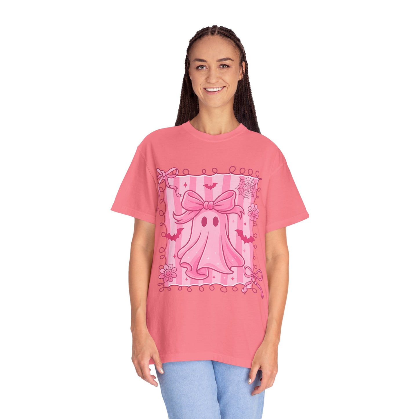 Cute Pink Ghost Graphic T-Shirt, Pink Halloween Tee, Unisex Garment-Dyed Top, Spooky Style for Fall, Trick or Treat Fashion