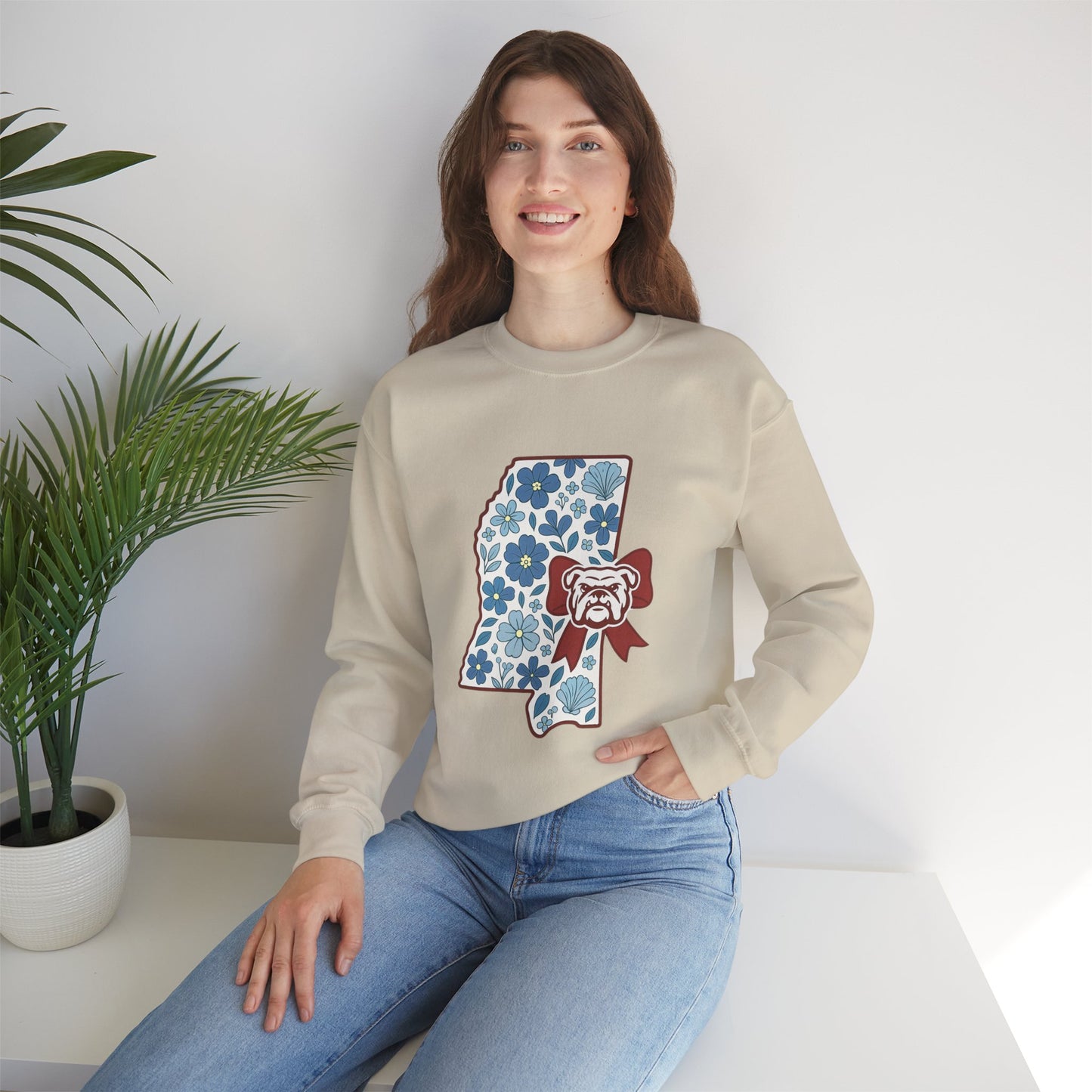 Mississippi Flower Bulldog Crewneck Sweatshirt, Cozy Sweatshirt for Fall, Gift for Dog Lovers, College Apparel, Casual Fashion