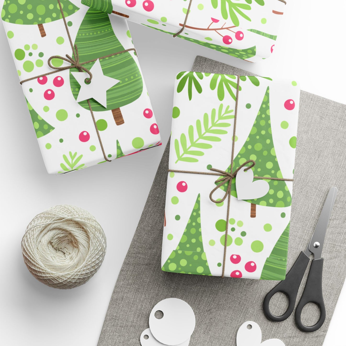 Festive Holiday Wrapping Paper with Green Trees and Bows