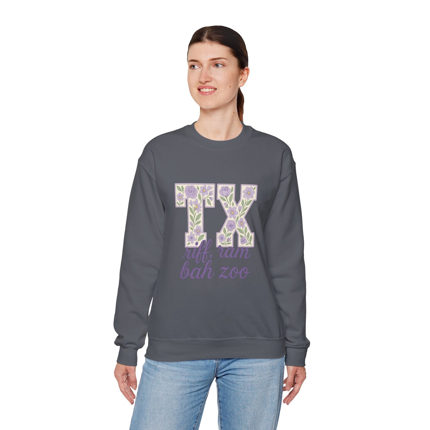 Texas Floral Sweatshirt, Cozy Unisex Crewneck, TX Riff Ram Bah Zoo Pullover, Gift for College Students, Texas Pride Apparel, Spring Fashion