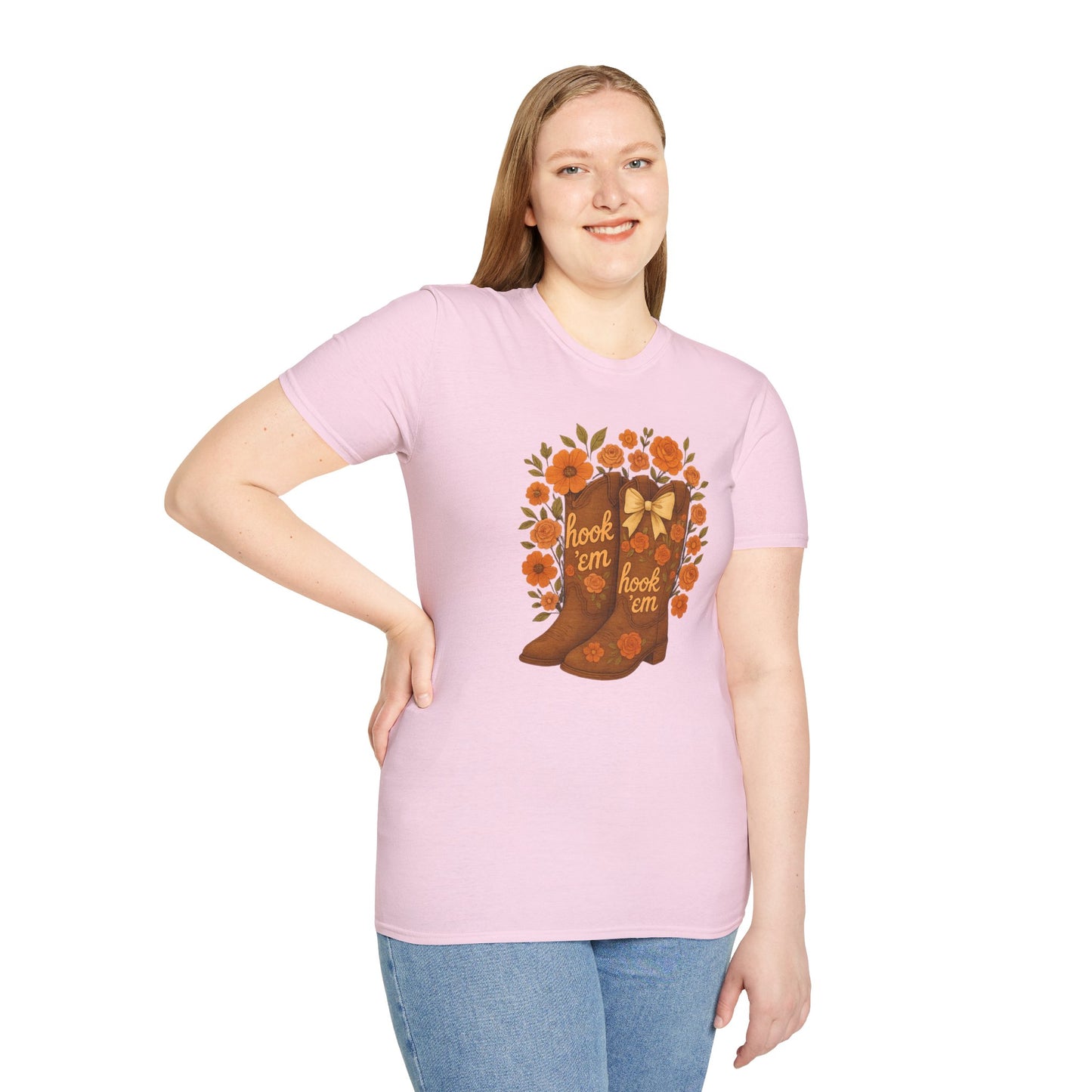 Tx Hook Em Floral Cowboy Boot T-Shirt, Hook 'Em Tee, Autumn Apparel, Country Style, Gift for Her, tx longhorns, texas fan gift, hook em horns, graduation gift, college student gift