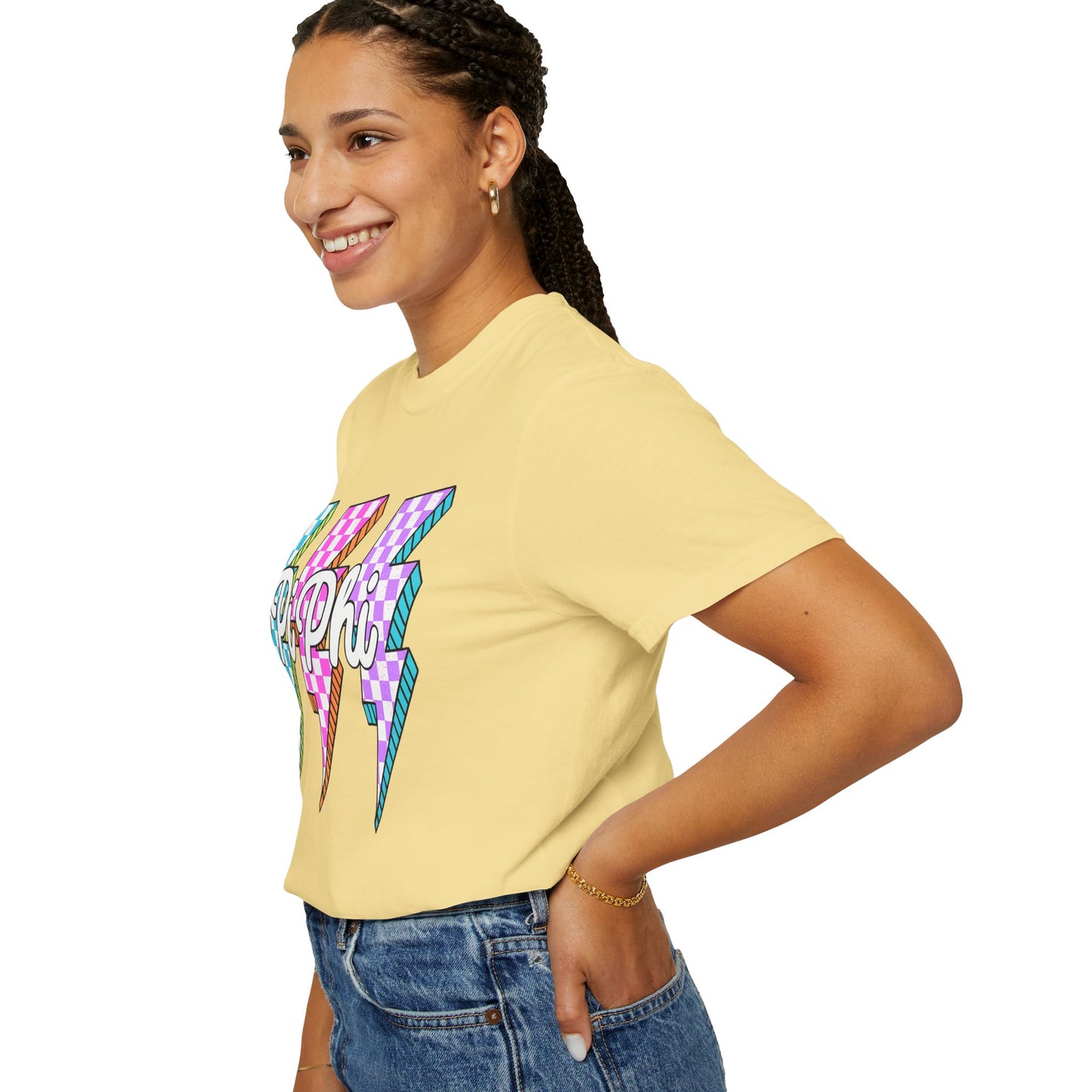 PB Phi Lightning Bolt Unisex T-shirt | Vibrant Greek Life Apparel, Unique Gift for Sorority Sisters, Casual Wear, Celebrating Sisterhood