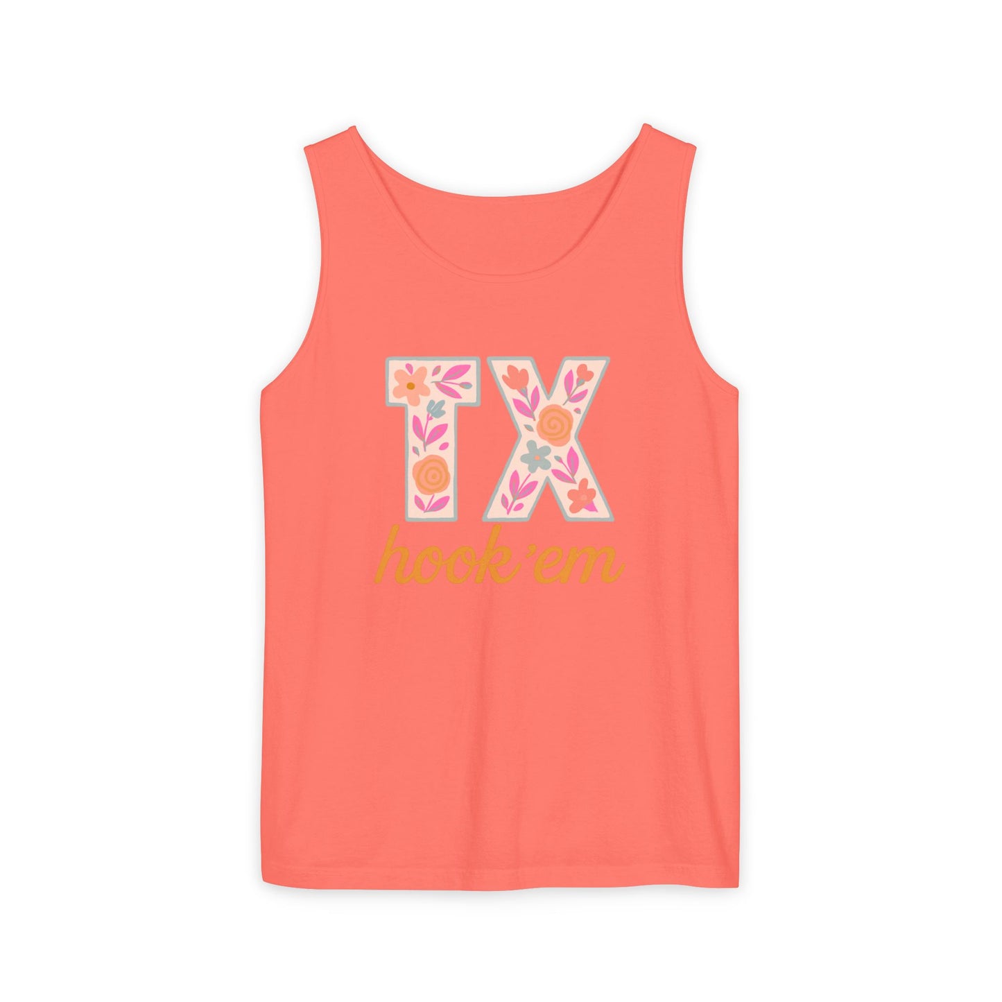 Texas Floral Hook 'Em Unisex Tank Top, Summer Vibe, Casual Wear, College Gear, Gift for Graduates, Texas Pride Apparel, Comfort Colors, Graduation Gift