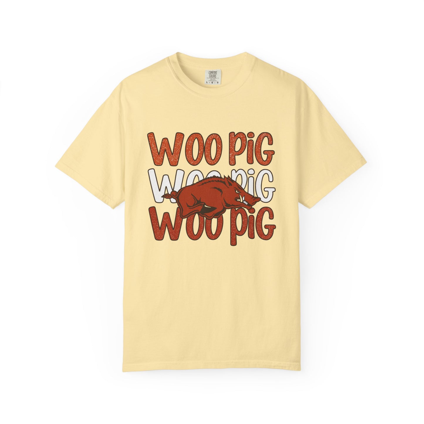 Woo Pig Garment-Dyed T-Shirt, Unisex Tee, Arkansas Pride Shirt, Casual Everyday Wear, College Game Day Tee, Fun Graphic Tee