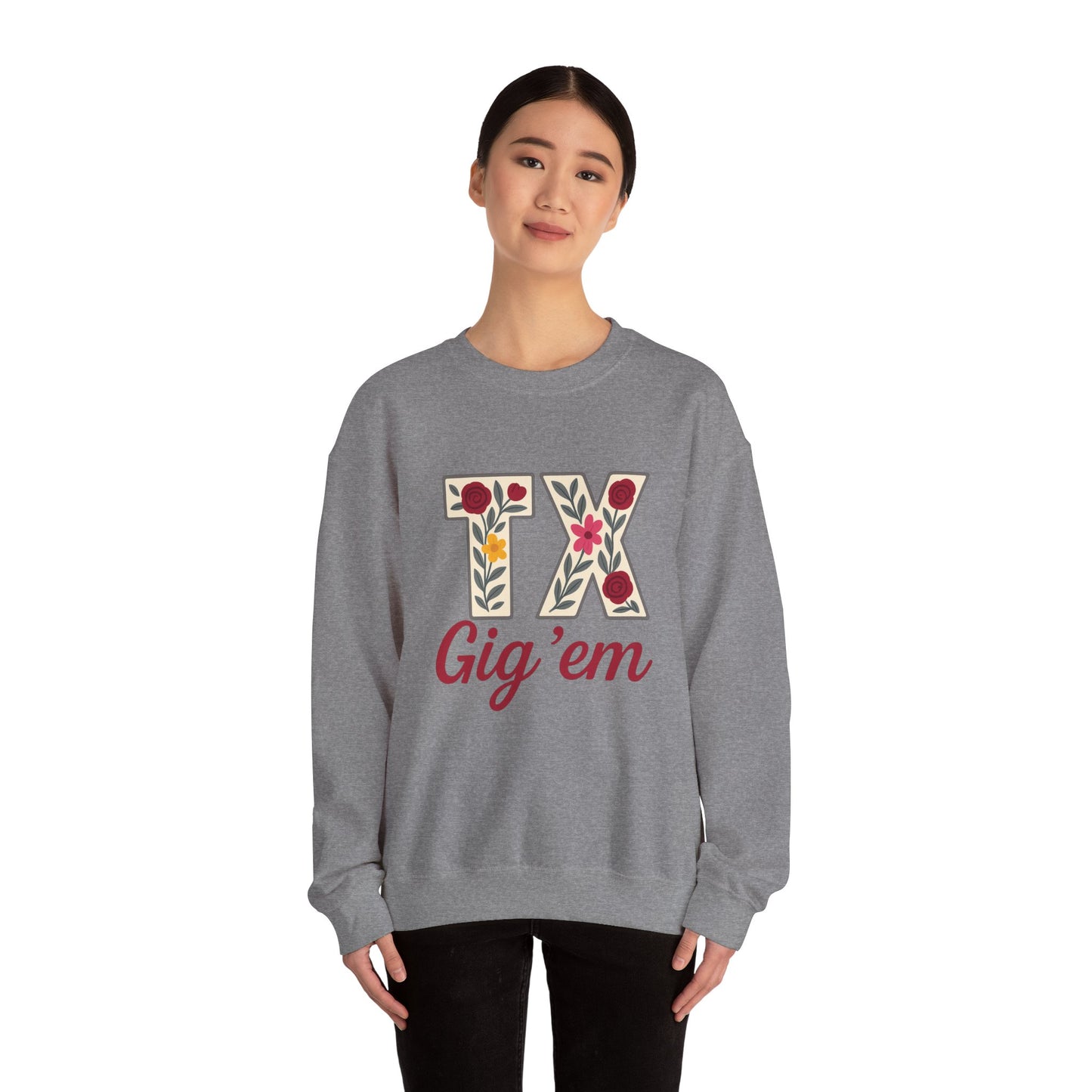 Texas Floral Crewneck Sweatshirt, Cozy Texas Sweatshirt, TX Gig'em Gift, Unisex Sweatshirt for Gamers, Floral Crew Neck for Casual Wear