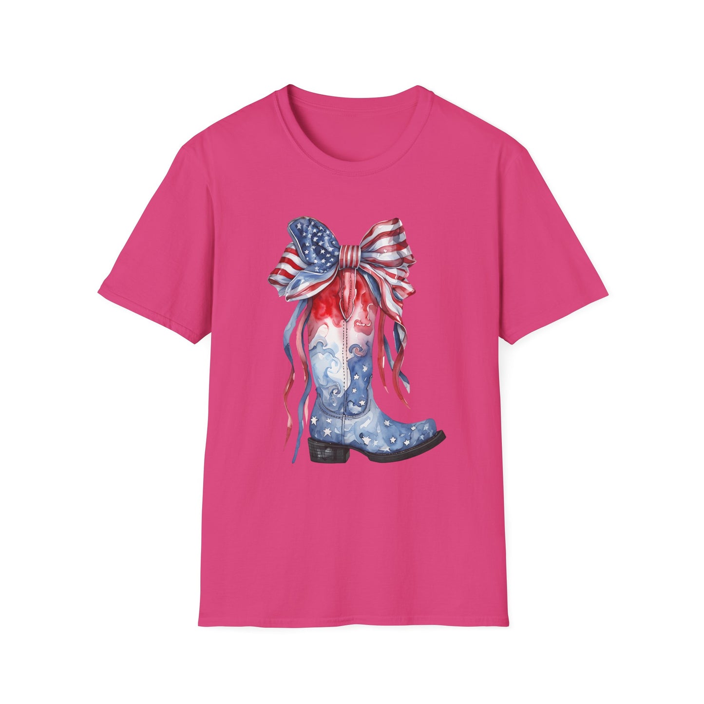 Patriotic Cowboy Boot T-Shirt | Unisex Softstyle Tee for Independence Day