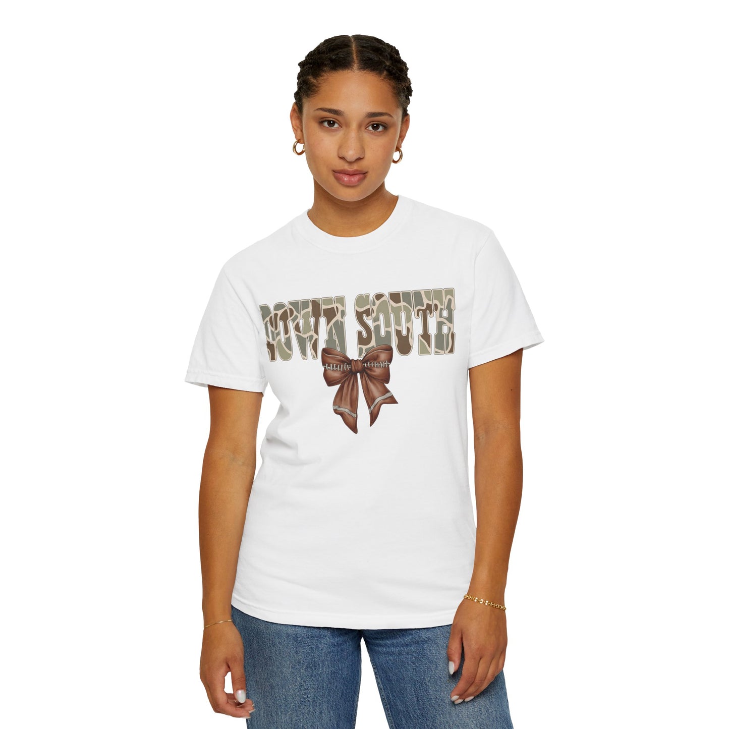 Camo Bow Graphic Tee - Trendy Apparel for Casual Outings and Birthdays