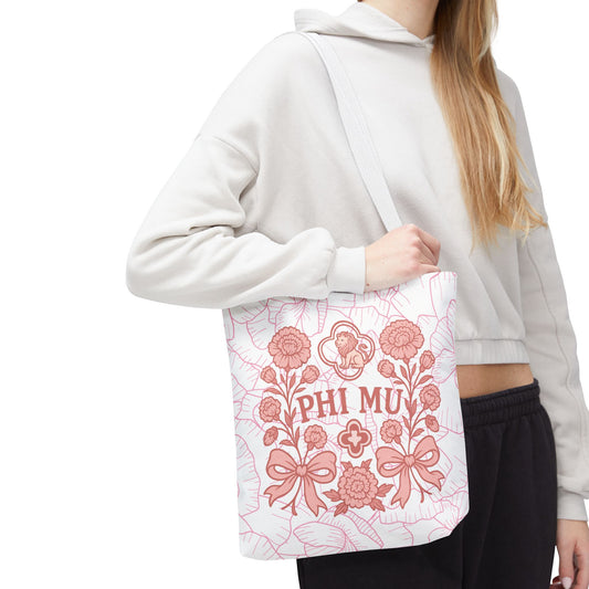 Phi Mu Floral Tote Bag, Sorority Bag, Gift for Sorority Sisters, Pink Floral Tote, College Essentials, AOP Design