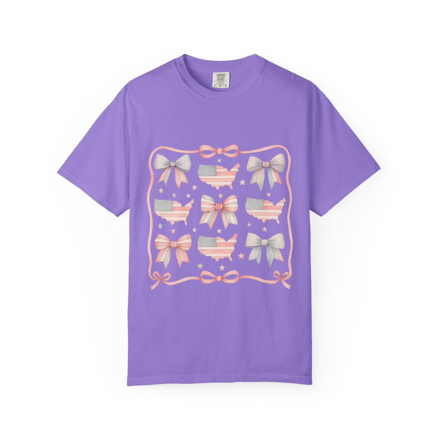 America Coquette Cute Bow Pattern Comfort Colors Unisex T-Shirt - 4th of July USA Celebration