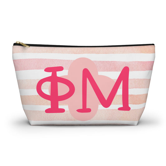PHI mu Chic Accessory Pouch for Sorority Sisters, Cosmetic Bag, Makeup Organizer, Gift for College Graduates, Pink Stripes