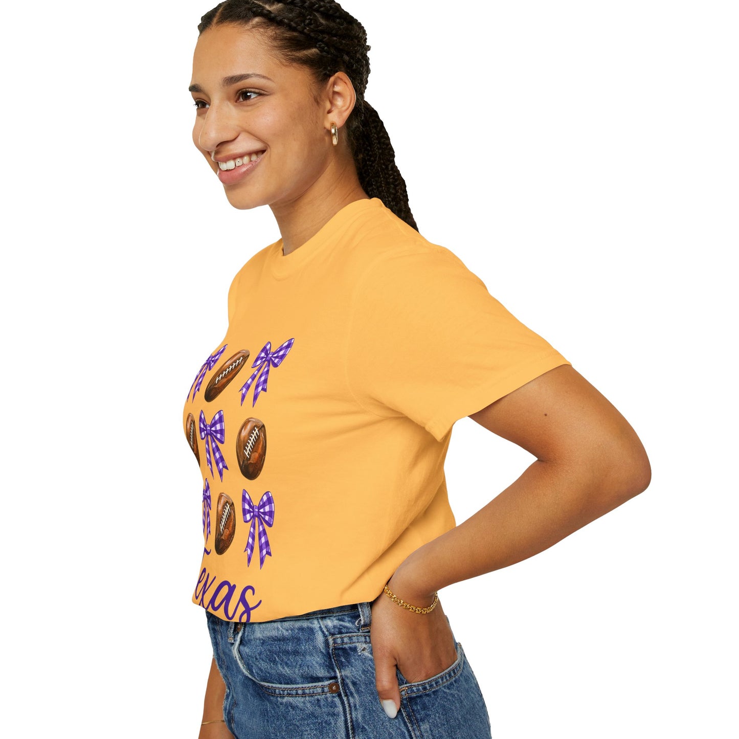 Texas Football Unisex T-Shirt with Purple Bows - Game Day Sports Apparel for Horned Frogs Fans
