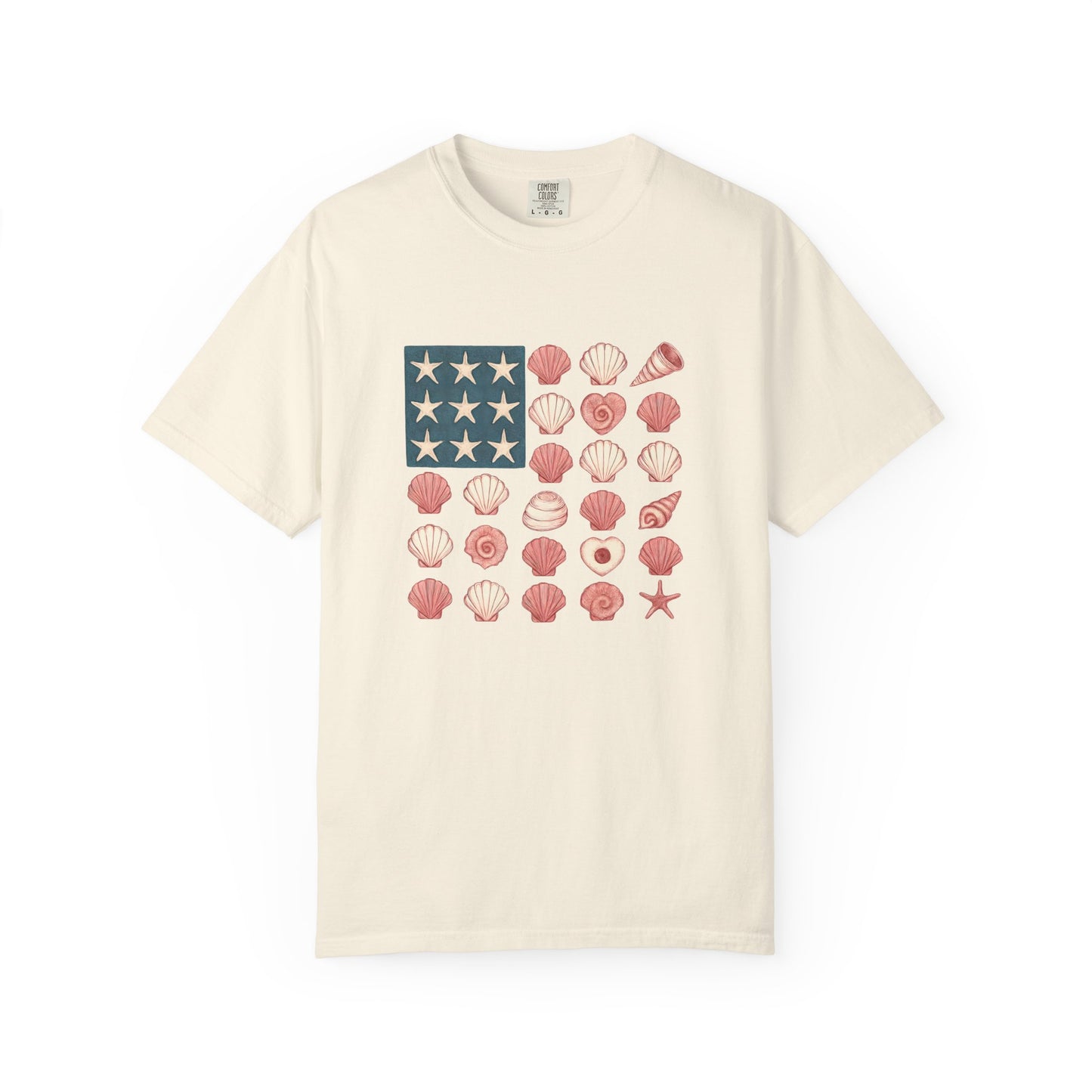 Comfort Colors-Seashell Flag T-Shirt, Unisex, American Flag, Beach Vibes, Nautical Gift, Summer Vibes, July 4th