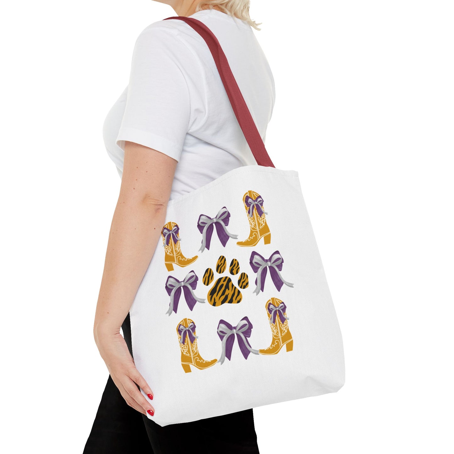 LSu coquette bow Print Tote Bag, Eco-Friendly Fashion Bag, lsu tiger fan, louisiana game day, geaux tigers, college student gift, graduation gift