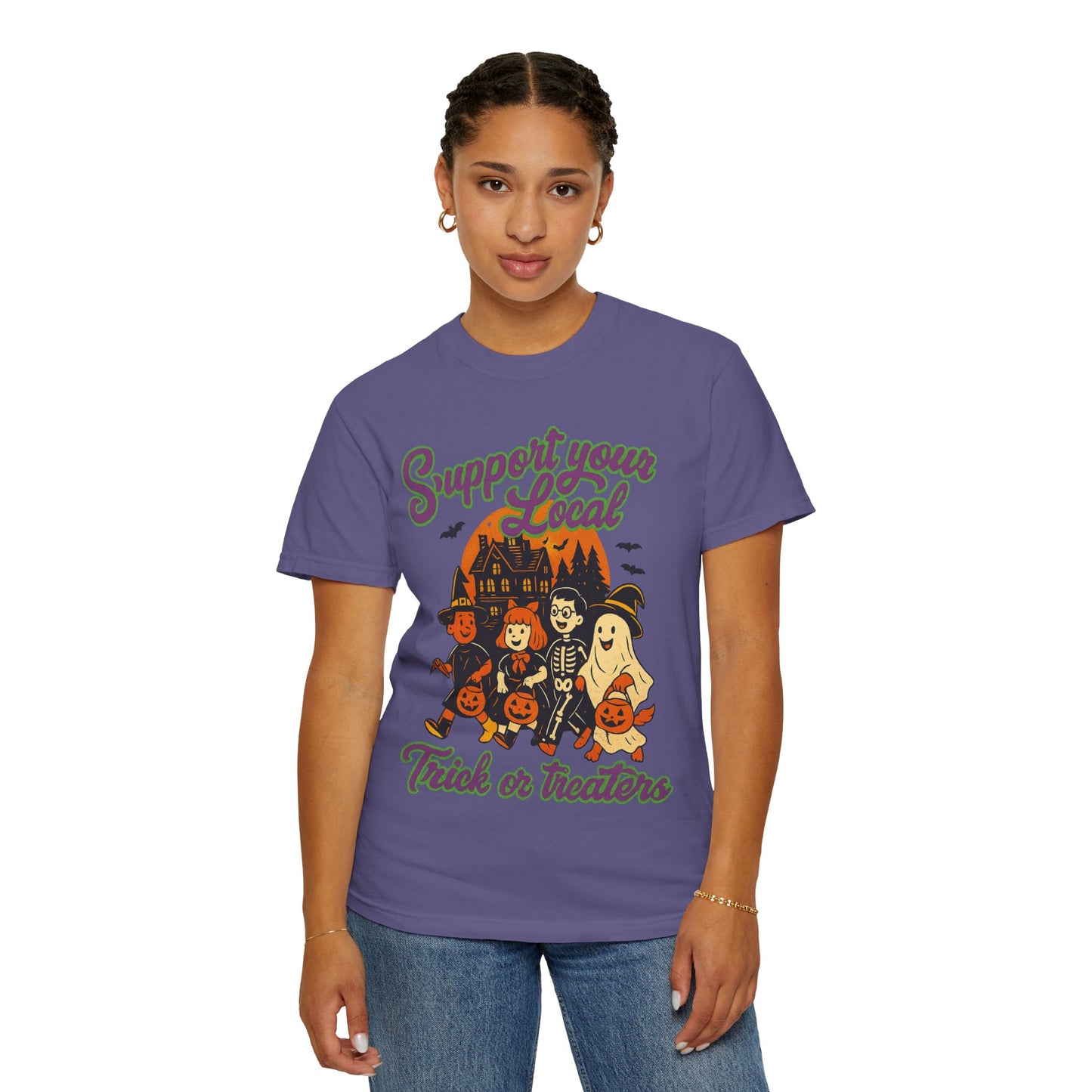 Halloween Support T-Shirt, Youth Trick or Treat Shirt, Garment-Dyed Tee for Kids, Spooky Season Apparel, Holiday Party Top, Fun Costume Wear
