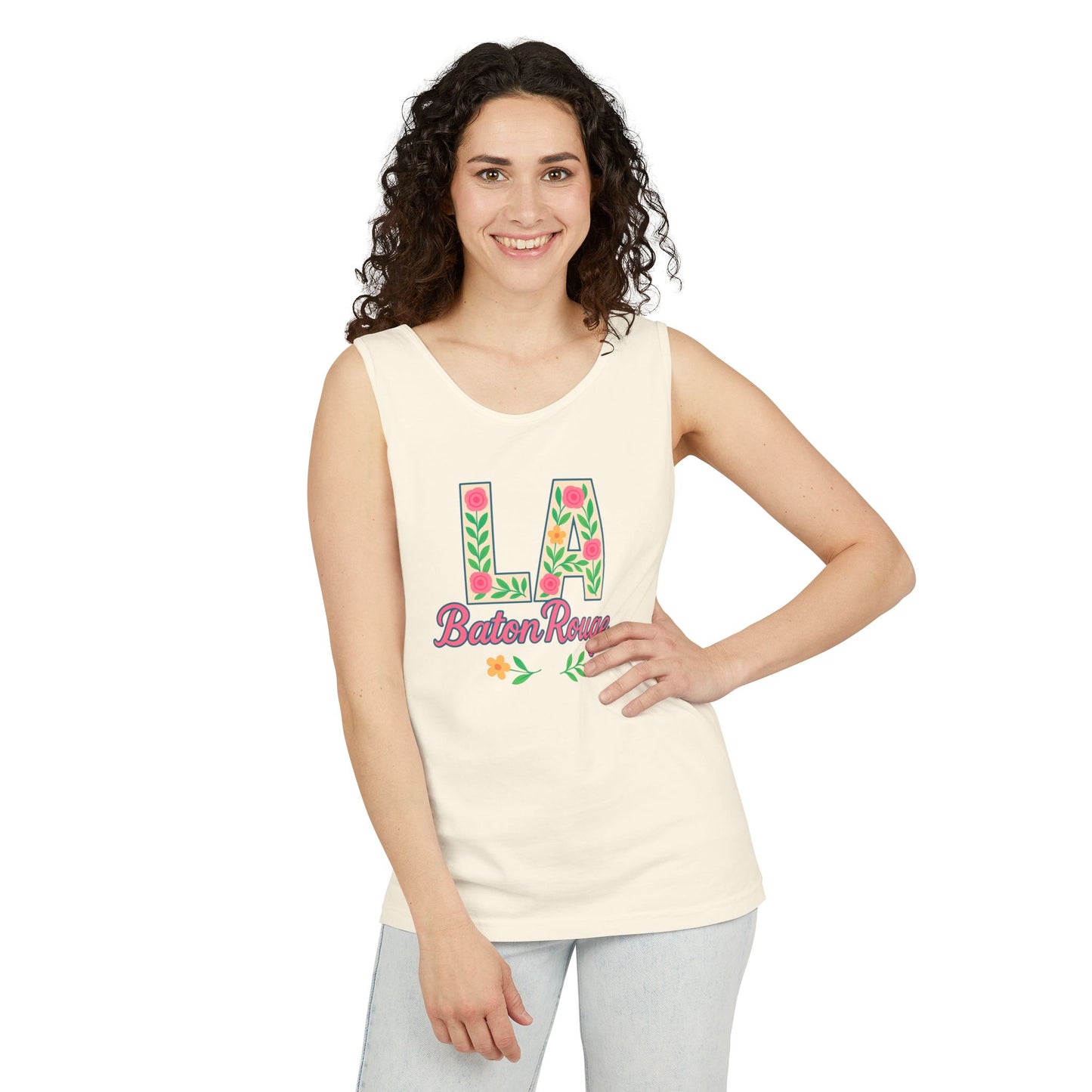 LA Baton Rouge Floral Tank Top, Summer Vibes, Unisex Apparel, Gift for Friends, Vacation Outfit, Spring/Summer Wear, Comfort Colors, Graduation Gift