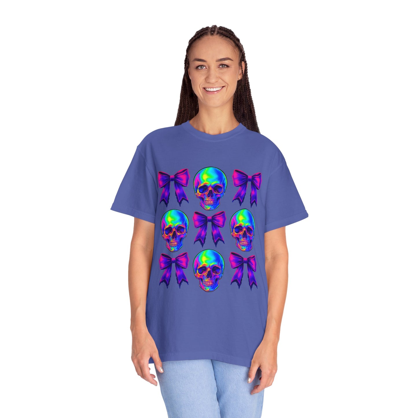 Neon Skull and Bow Unisex T-Shirt | Trendy Graphic Tee for Halloween, Festivals, Casual Wear, Gifts