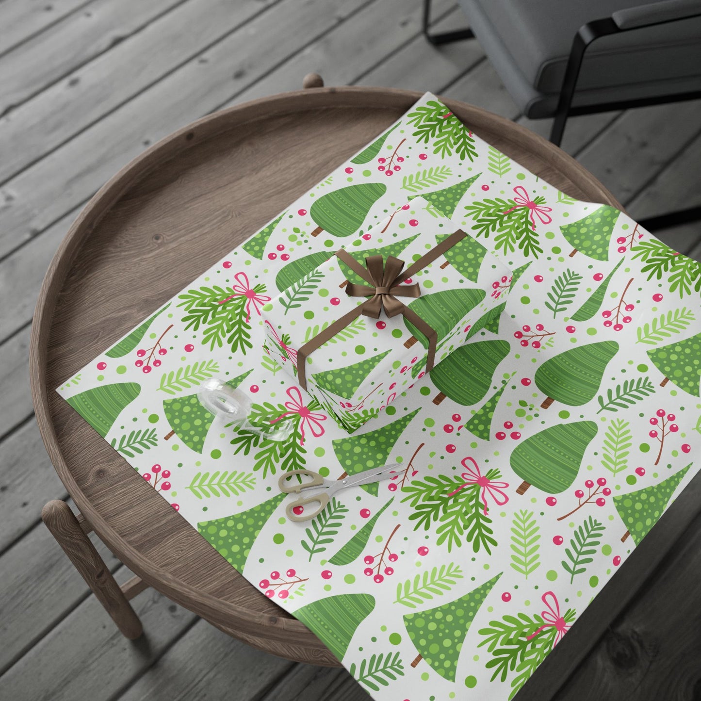 Festive Holiday Wrapping Paper with Green Trees and Bows