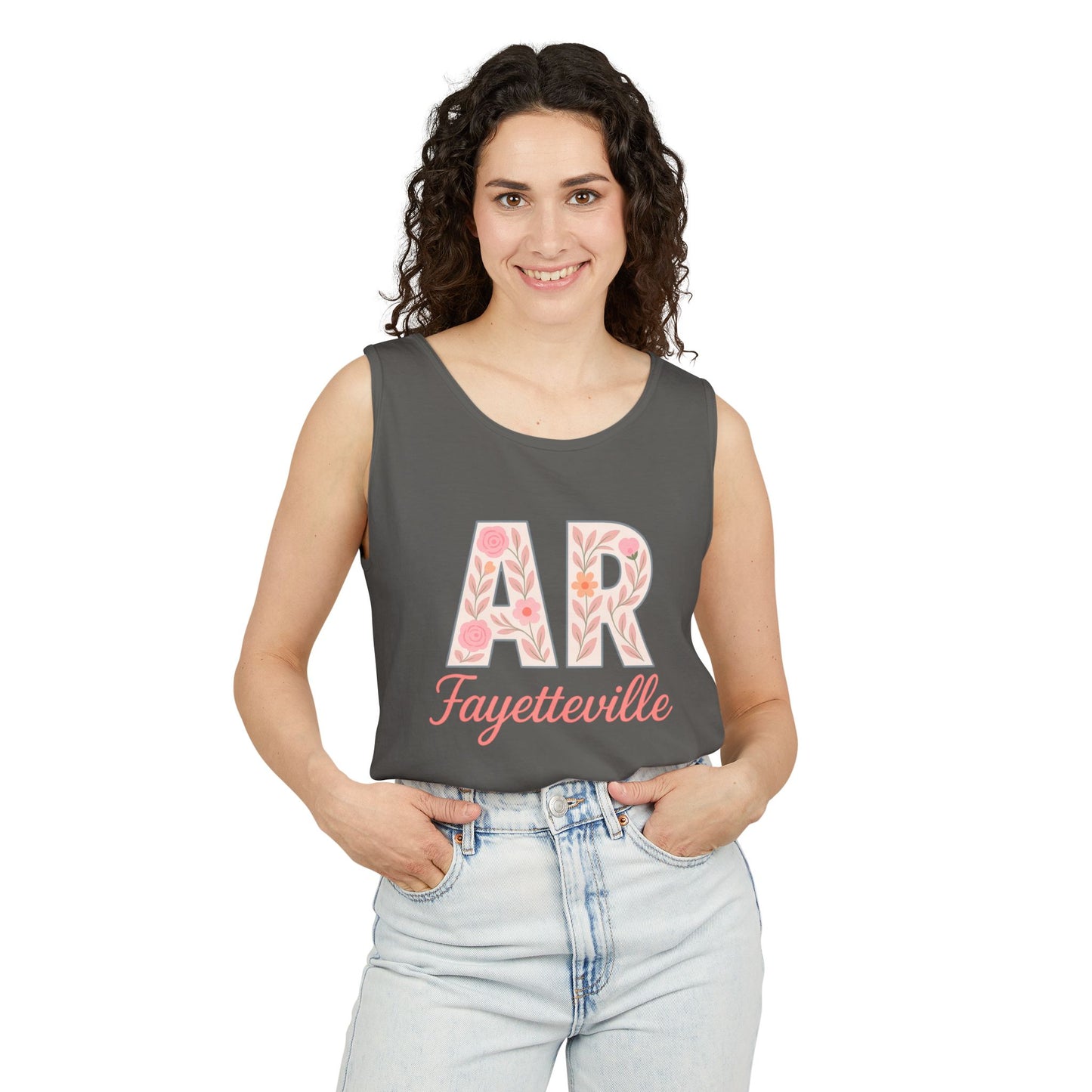 Fayetteville Floral Tank Top, Casual Summer Top, Gift for Her, Travel Apparel, Arkansas Style, Arkansas Student Gift, Graduation Gift, Comfort Colors