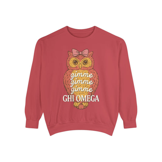 Gimme Gimme Owl Sweatshirt, Unisex Sweatshirt, Sorority Apparel, Cute Owl Design, Cozy Gift, College Sweatshirt