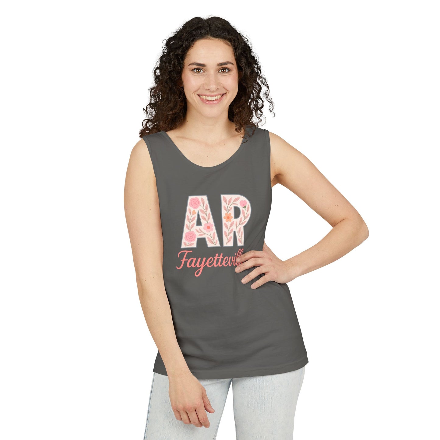 Fayetteville Floral Tank Top, Casual Summer Top, Gift for Her, Travel Apparel, Arkansas Style, Arkansas Student Gift, Graduation Gift, Comfort Colors