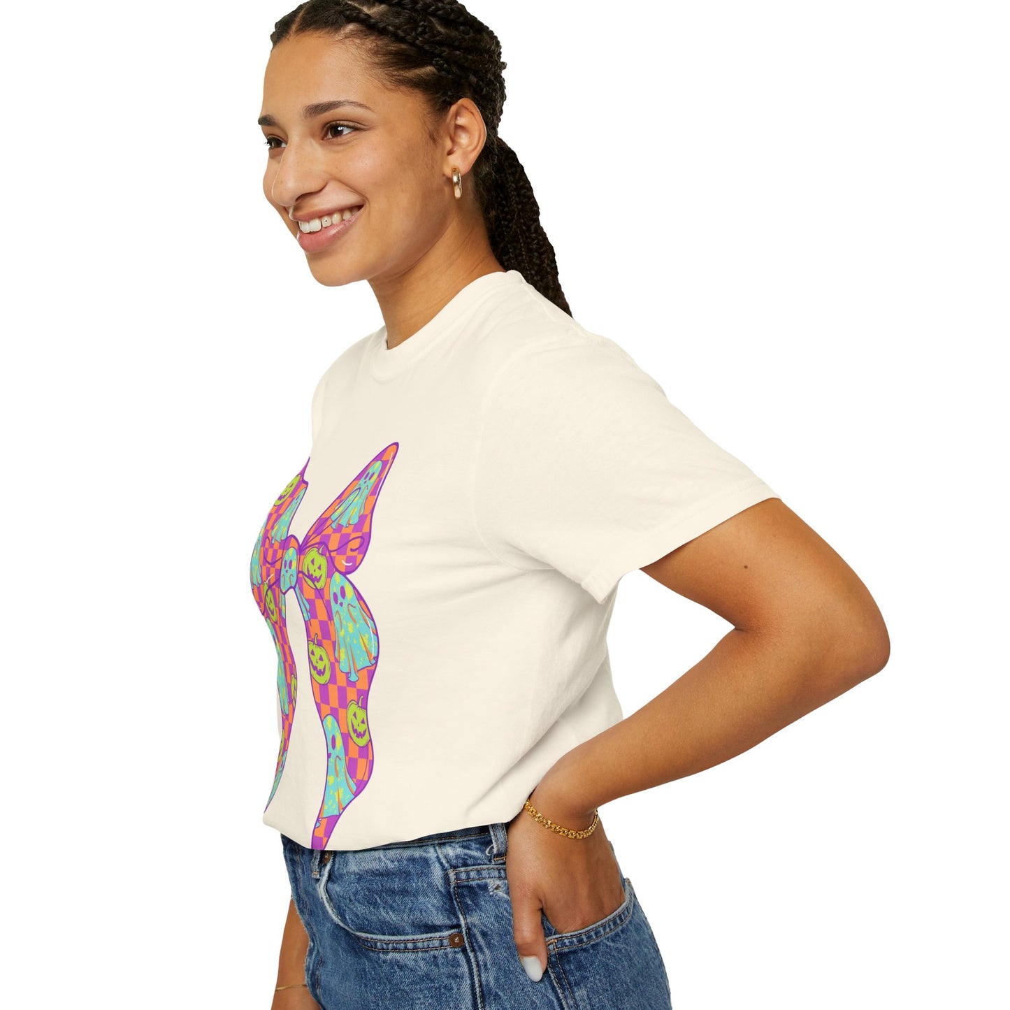 Neon Checkered Ghost Bow T-Shirt - Fun Lovers Halloween Unisex Tee