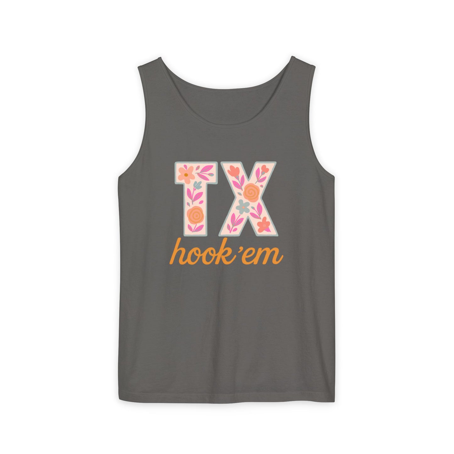 Texas Floral Hook 'Em Unisex Tank Top, Summer Vibe, Casual Wear, College Gear, Gift for Graduates, Texas Pride Apparel, Comfort Colors, Graduation Gift