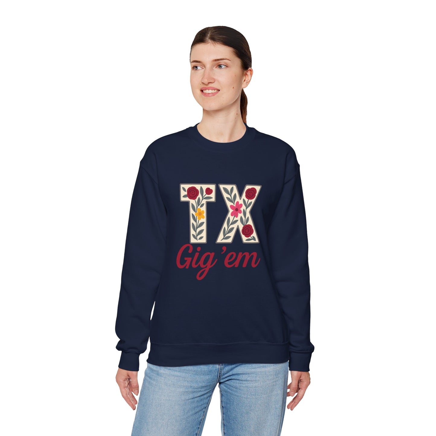 Texas Floral Crewneck Sweatshirt, Cozy Texas Sweatshirt, TX Gig'em Gift, Unisex Sweatshirt for Gamers, Floral Crew Neck for Casual Wear