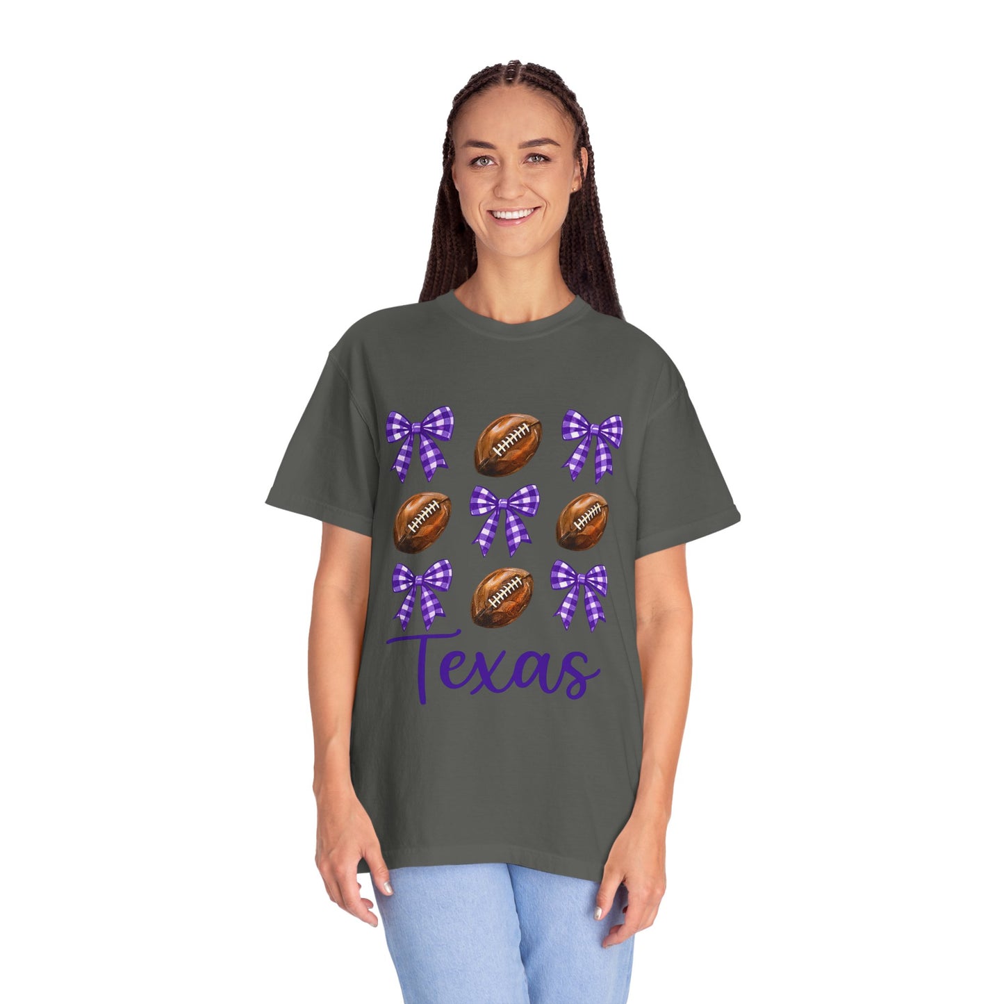 Texas Football Unisex T-Shirt with Purple Bows - Game Day Sports Apparel for Horned Frogs Fans