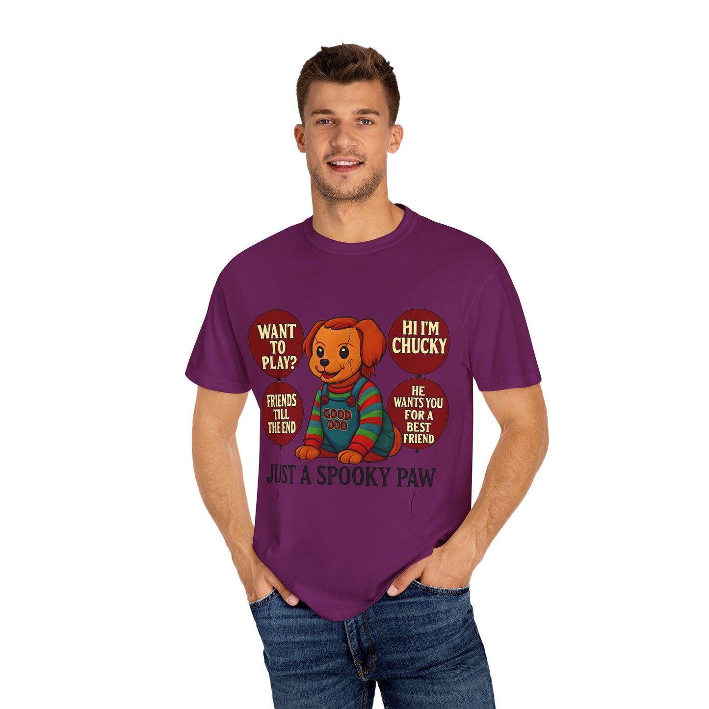 Spooky Graphic T-shirt, Halloween Costume Top, Unisex Tee, Funny Chucky Shirt, Gift for Horror Fans, Cute Spooky Apparel