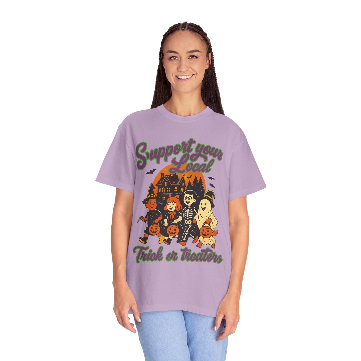 Halloween Support T-Shirt, Youth Trick or Treat Shirt, Garment-Dyed Tee for Kids, Spooky Season Apparel, Holiday Party Top, Fun Costume Wear