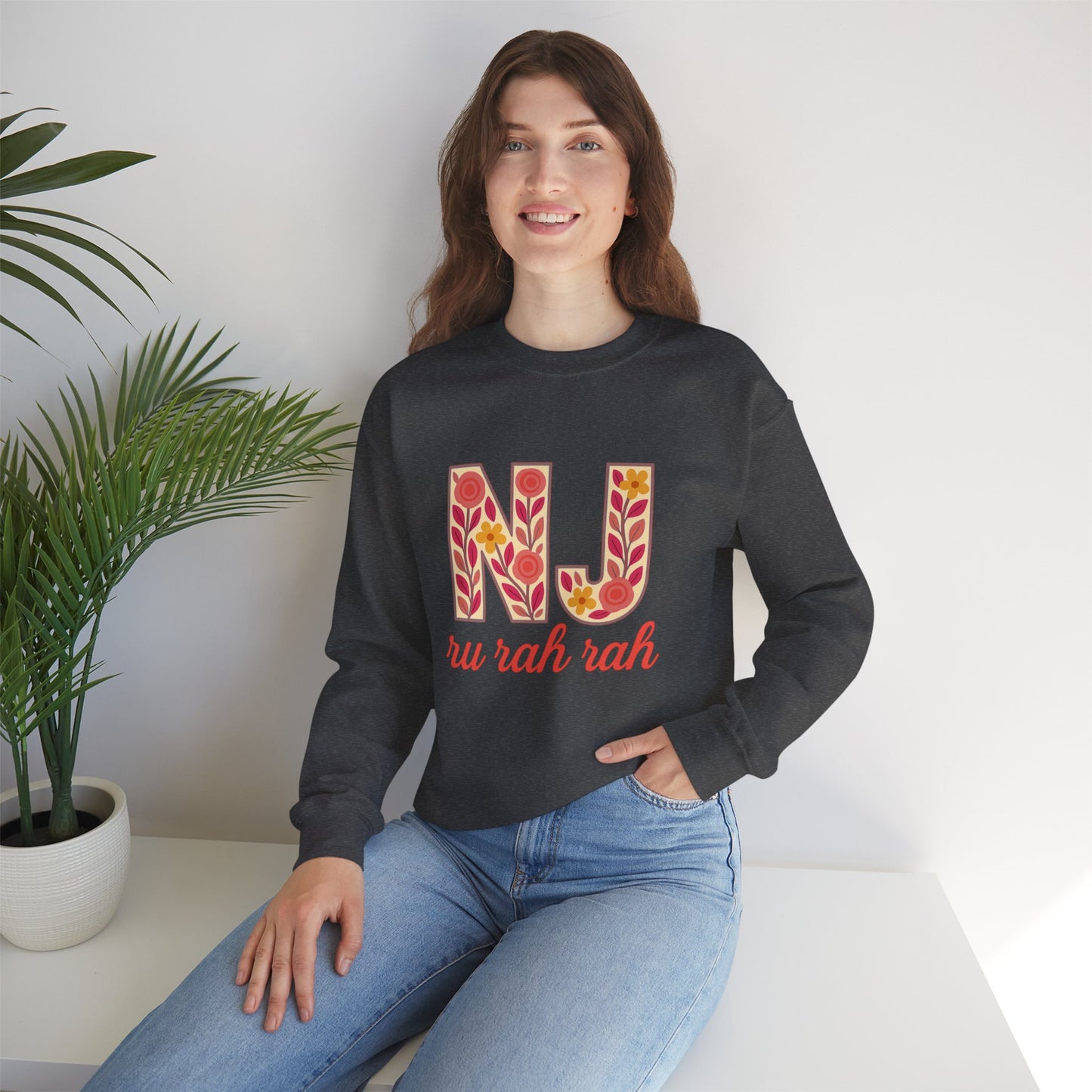 NJ Floral Pattern Crewneck Sweatshirt, Cozy Jersey, Casual Layer, Unique Gift, Fall Fashion, Unisex Apparel