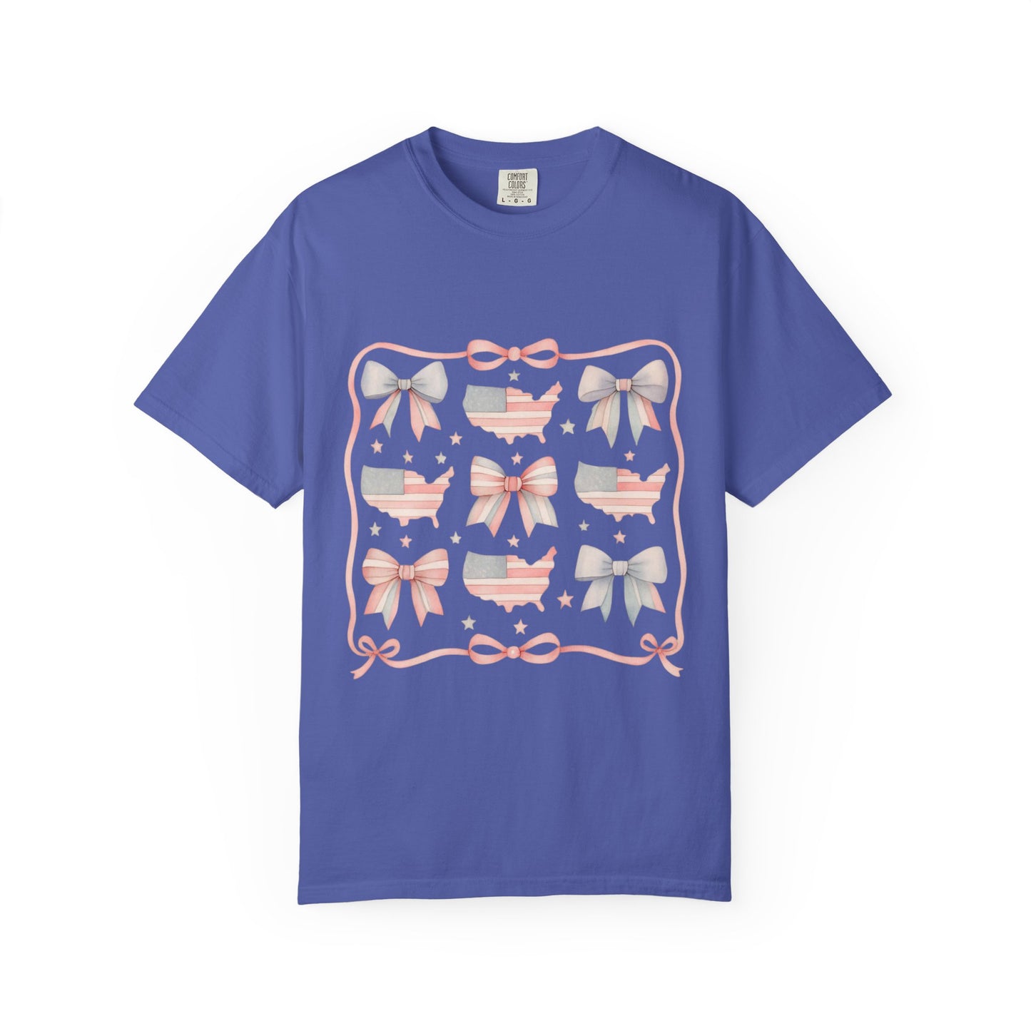 America Coquette Cute Bow Pattern Comfort Colors Unisex T-Shirt - 4th of July USA Celebration