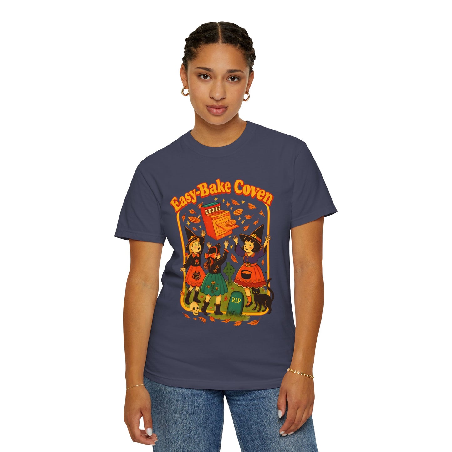 Halloween Witch T-Shirt, Unisex Garment-Dyed Shirt, Easy-Bake Coven Tee, Spooky Season Apparel, Cute Witch Design