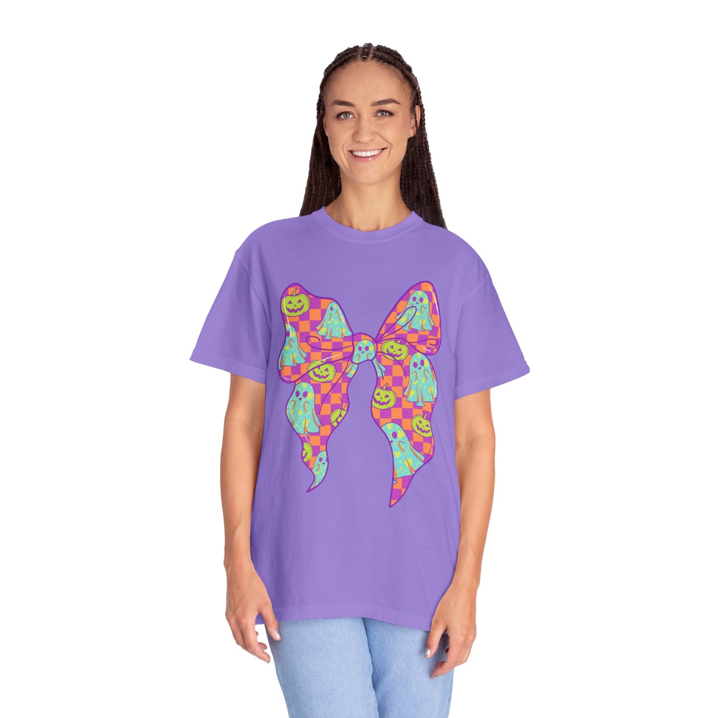 Neon Checkered Ghost Bow T-Shirt - Fun Lovers Halloween Unisex Tee