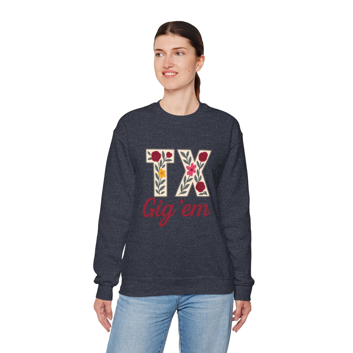 Texas Floral Crewneck Sweatshirt, Cozy Texas Sweatshirt, TX Gig'em Gift, Unisex Sweatshirt for Gamers, Floral Crew Neck for Casual Wear