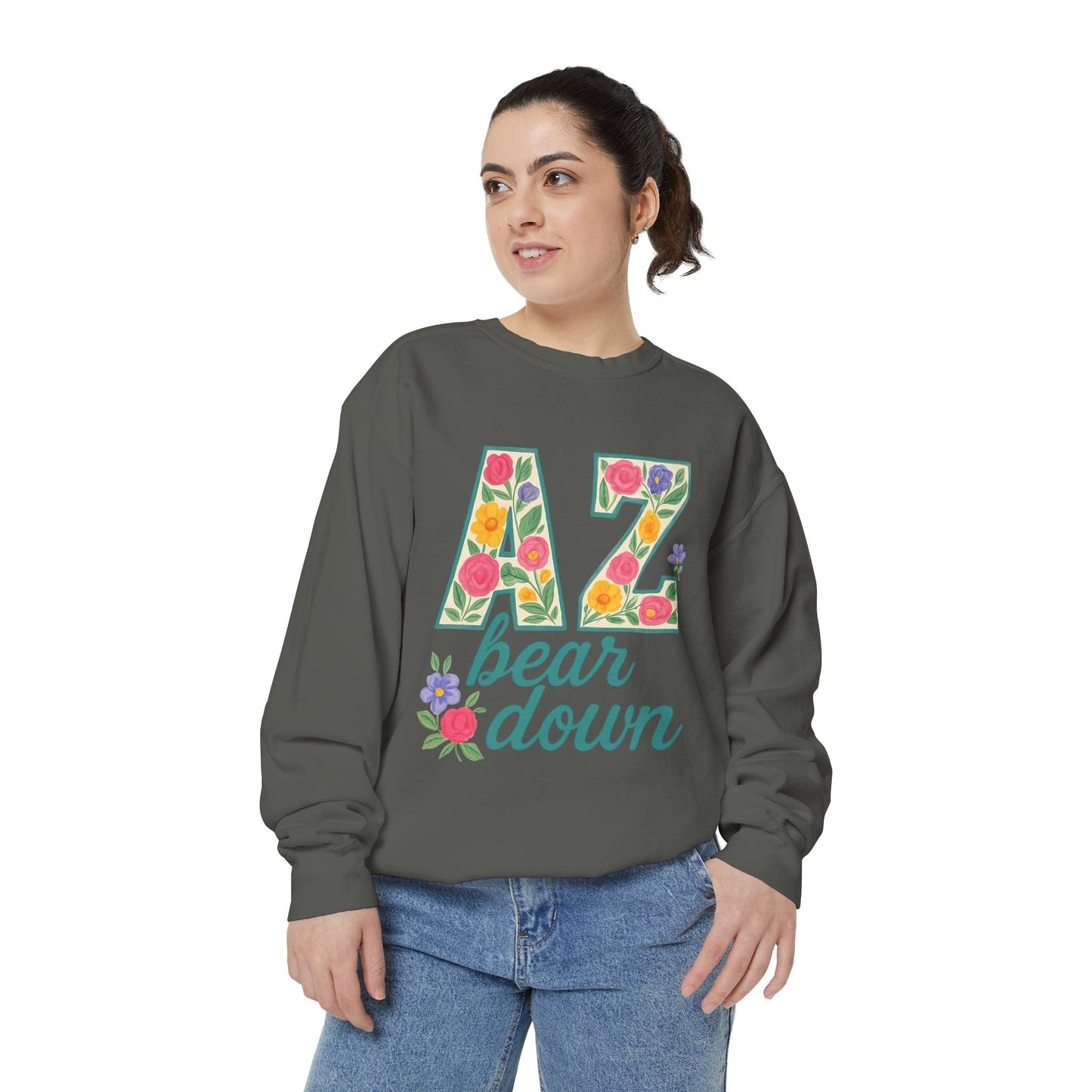 Arizona Floral Sweatshirt, Cozy Unisex Sweatshirt, Trendy Fall Layer, Gift for Him/Her, Sports Spirit Apparel, Bear Down AZ