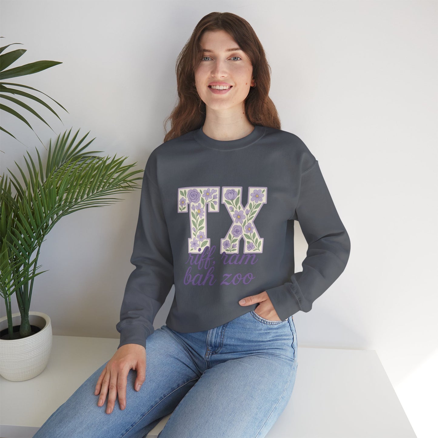 Texas Floral Sweatshirt, Cozy Unisex Crewneck, TX Riff Ram Bah Zoo Pullover, Gift for College Students, Texas Pride Apparel, Spring Fashion