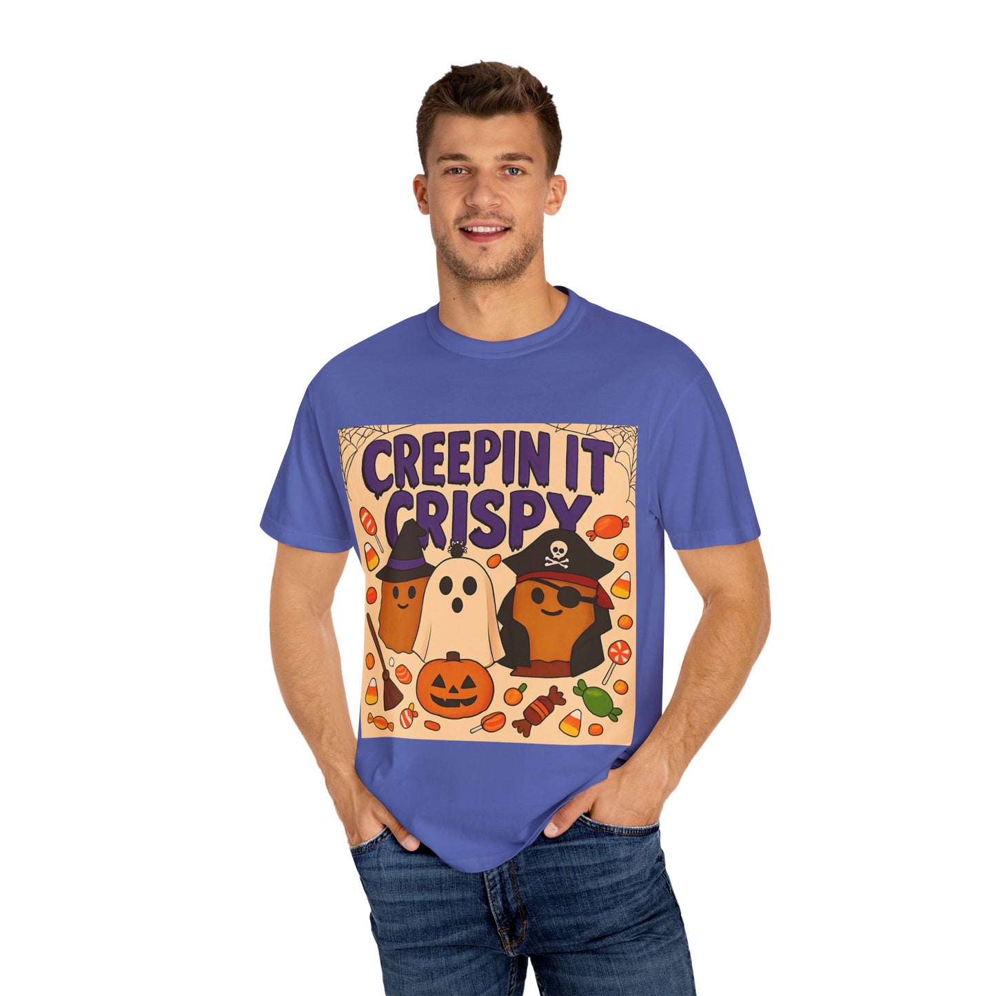Halloween Themed T-Shirt, Creepin It Crispy T-Shirt, Unisex Shirt for Fall, Cute Halloween Tee, Festive Ghost & Candy Design