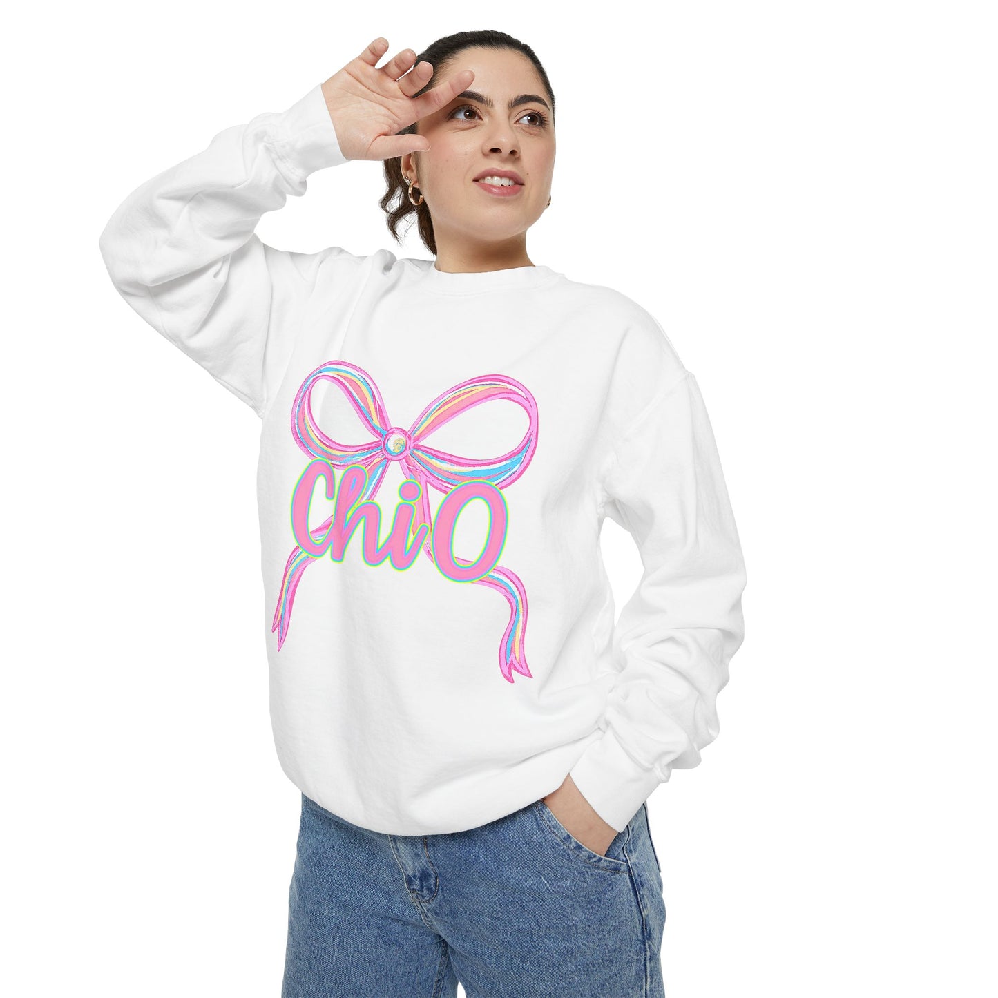 CHIO Chic Bow Graphic Unisex Garment-Dyed Sweatshirt, Cozy Pullover, Fashionable Gift, Casual Outfit, Spring Style, Trendy Apparel